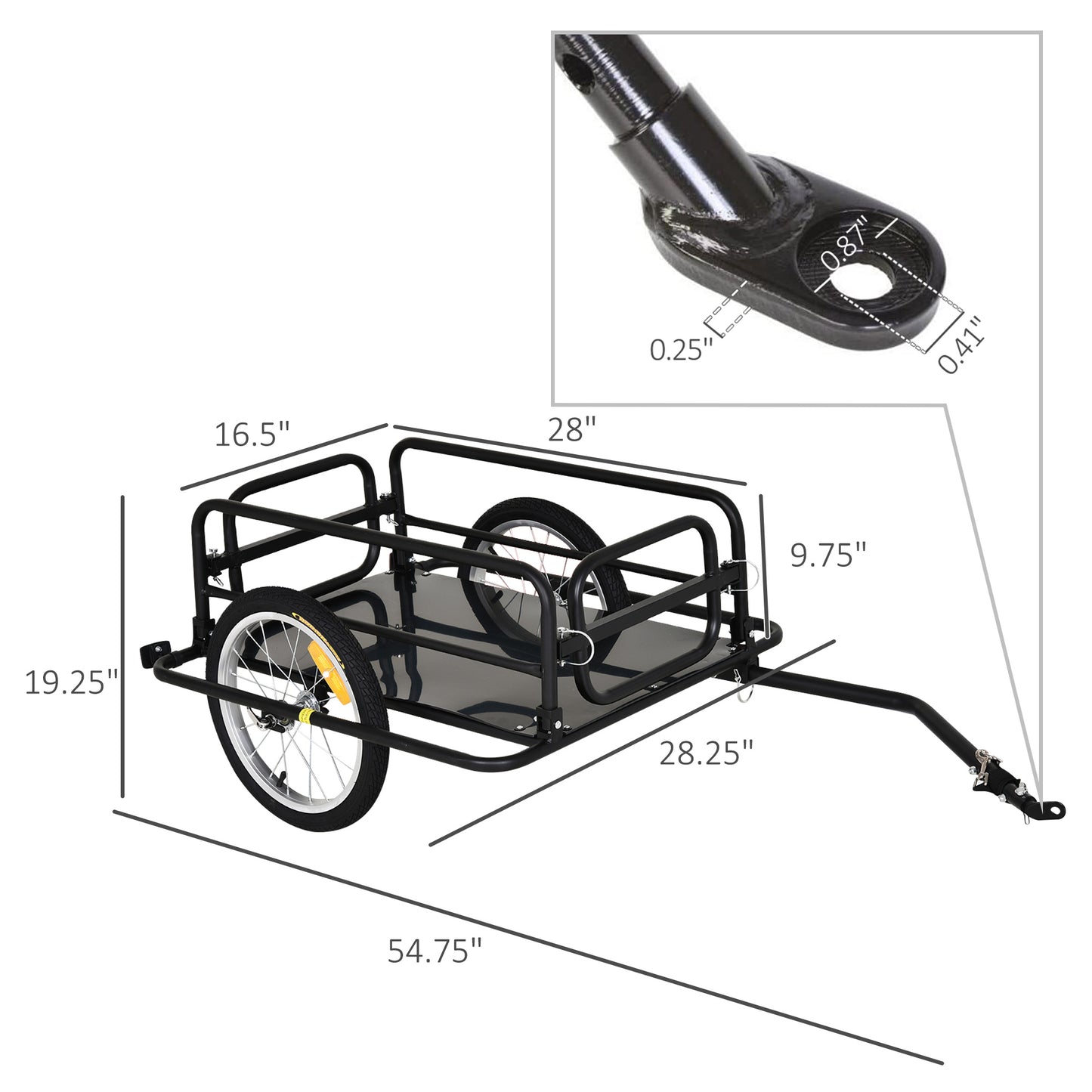 Black steel cargo bicycle trailer with visible dimensions and hitch detail