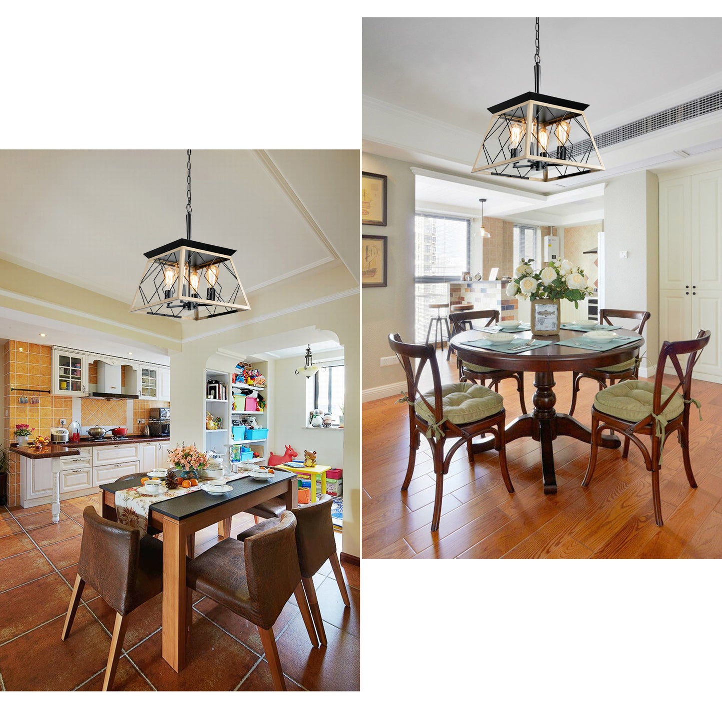 Farmhouse geometric pendant light with black and wood finish bulbs