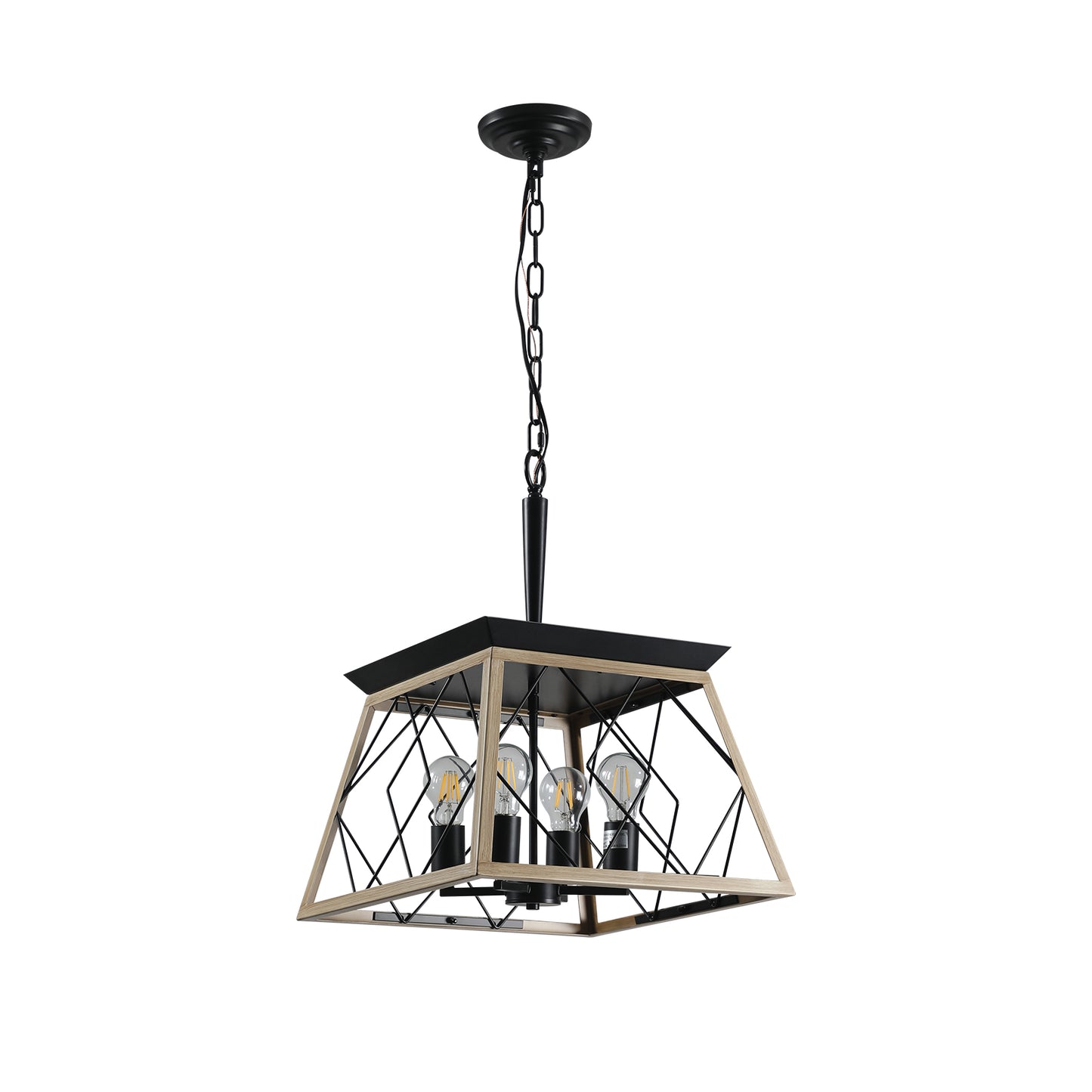 Modern geometric cage pendant light with wood and black finish ideal for dining rooms