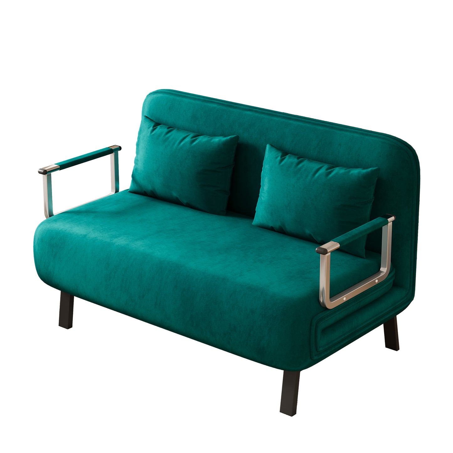Emerald green velvet sofa with chrome armrests and two matching pillows