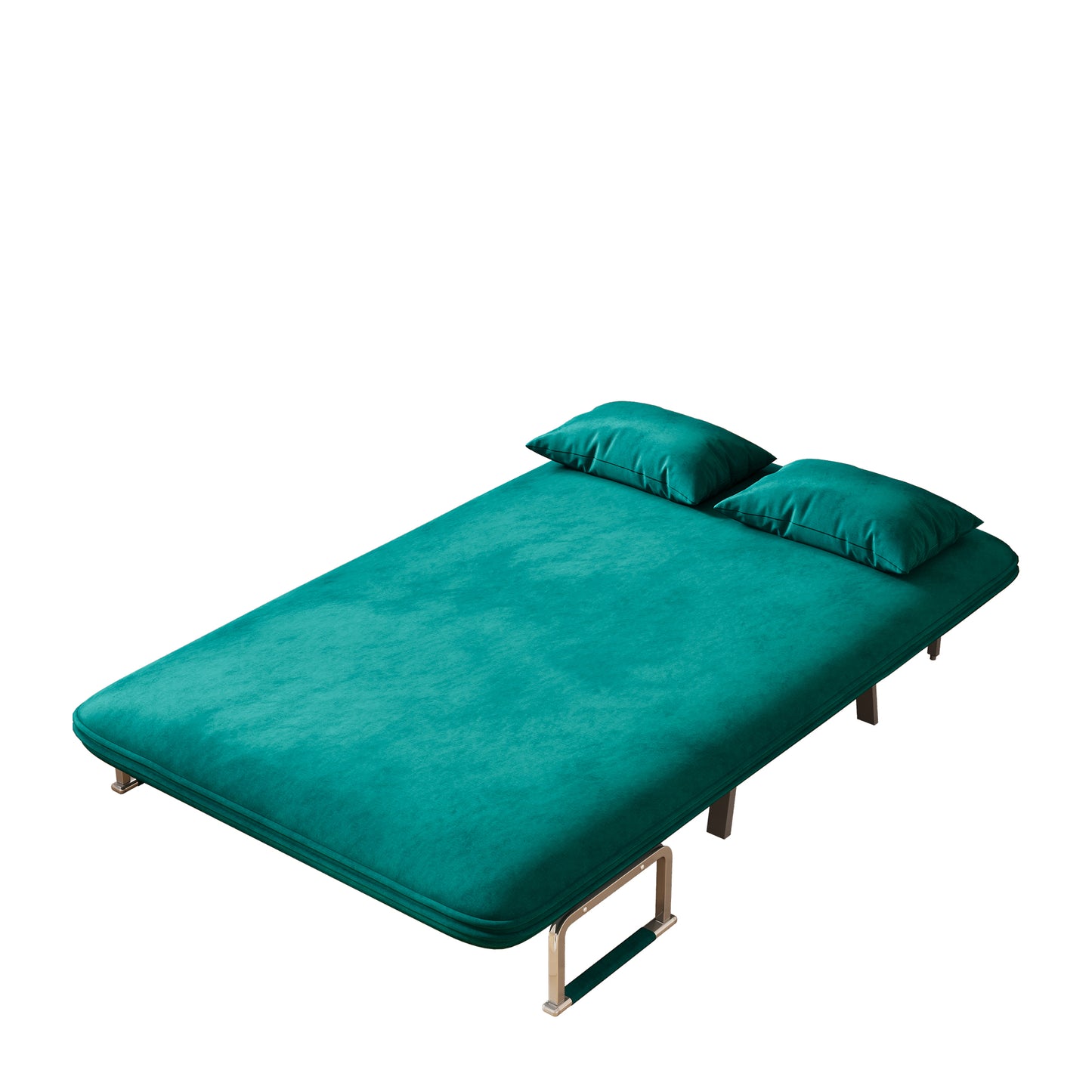 Teal velvet sofa bed with two matching pillows perfect for small spaces