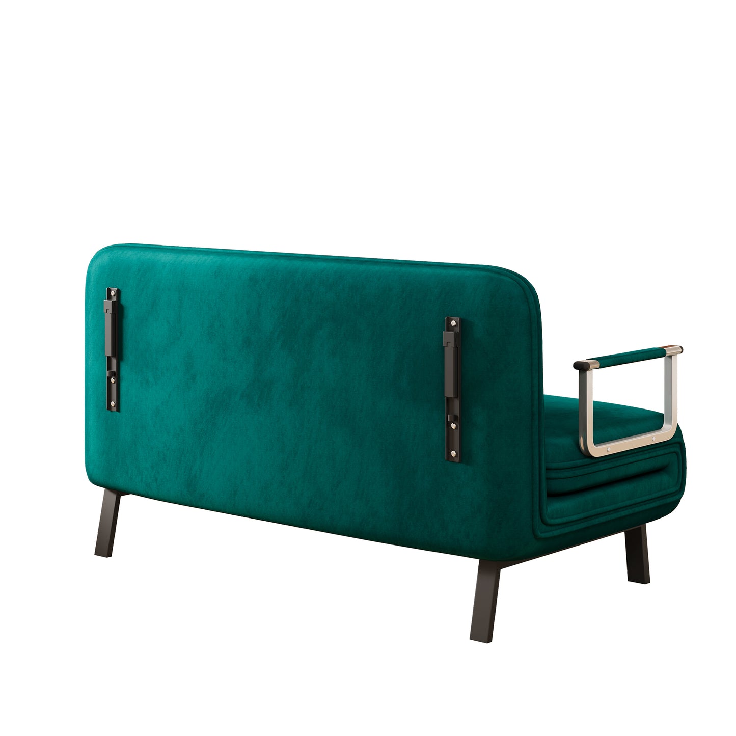 Emerald green velvet sofa with modern chrome armrests perfect for small spaces