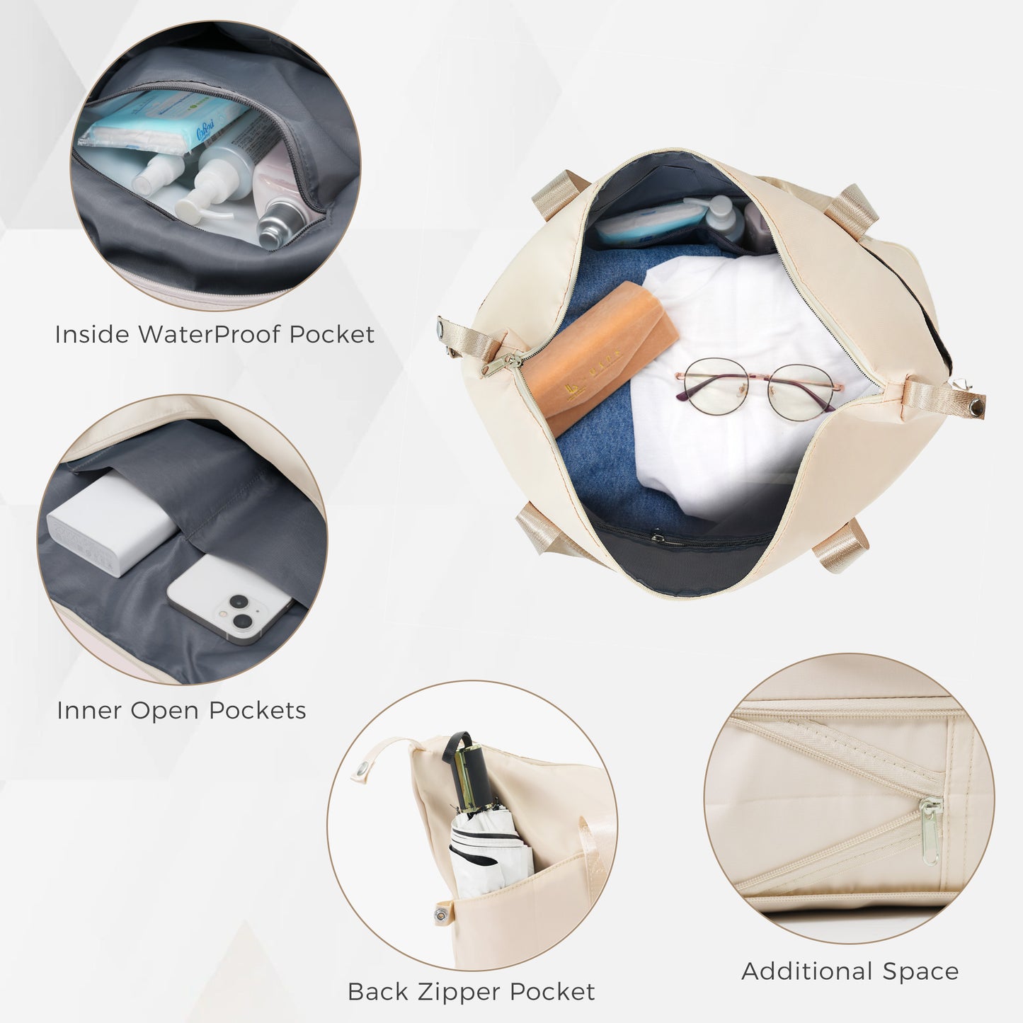 Open beige tote bag with clothes glasses and toiletries featuring multiple pockets
