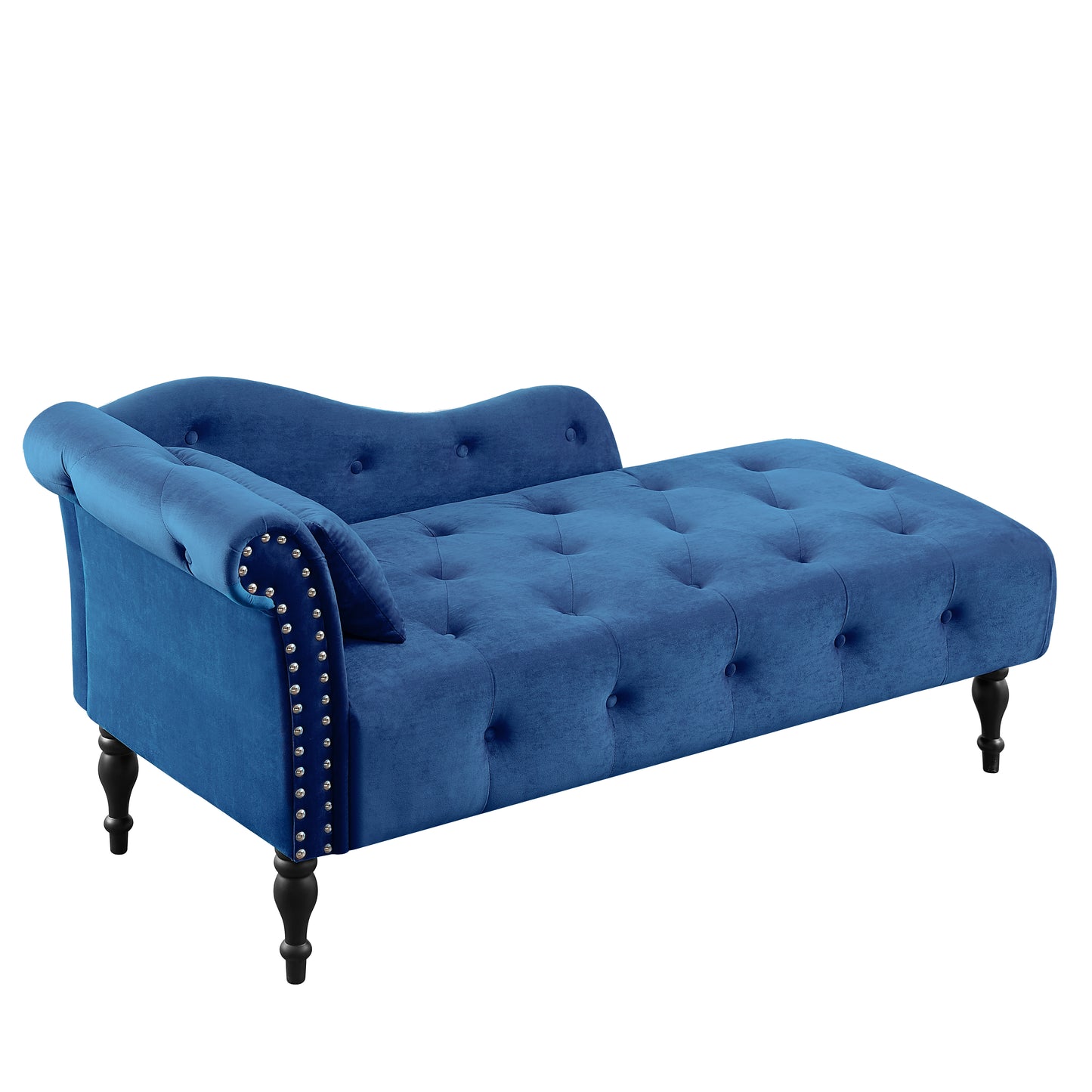 Deep blue velvet chaise lounge with tufted seat and silver nailhead trim