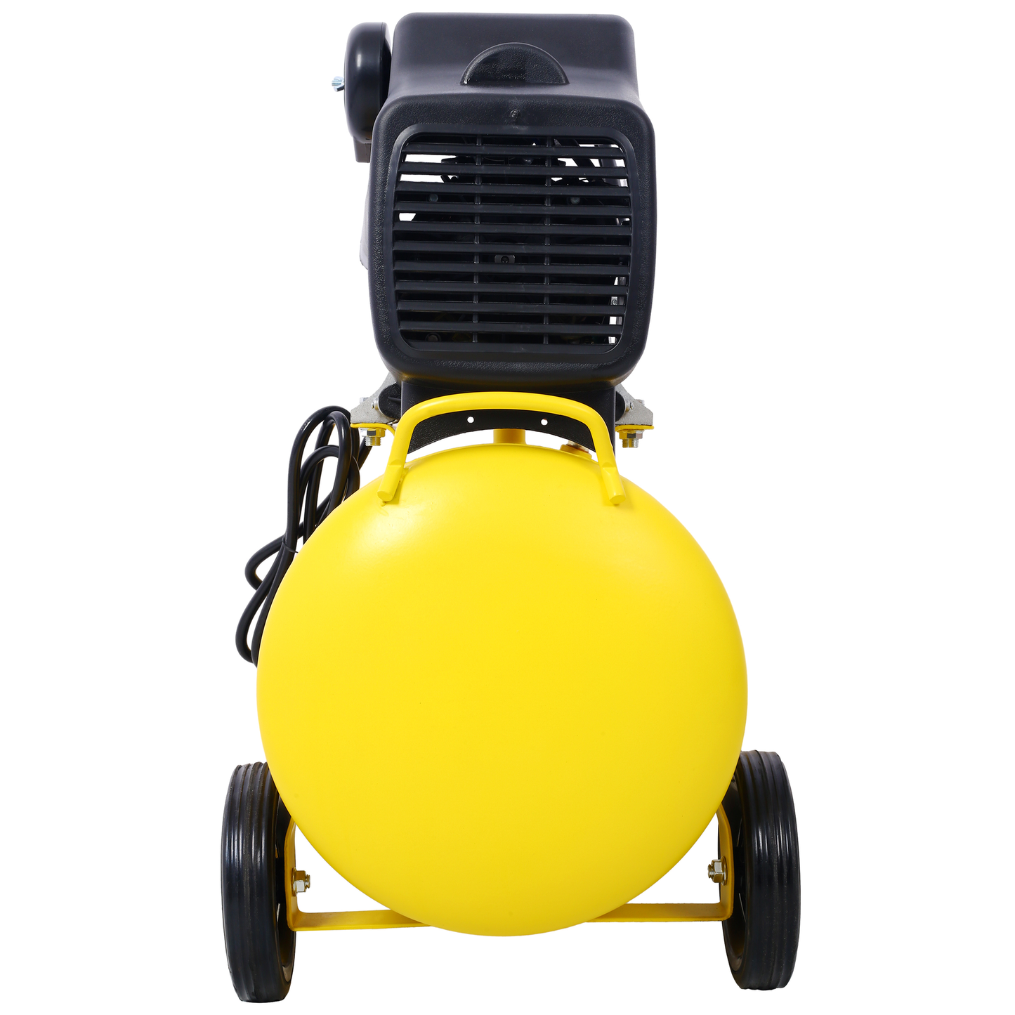 Yellow portable air compressor with black fan housing and wheels ideal for workshops