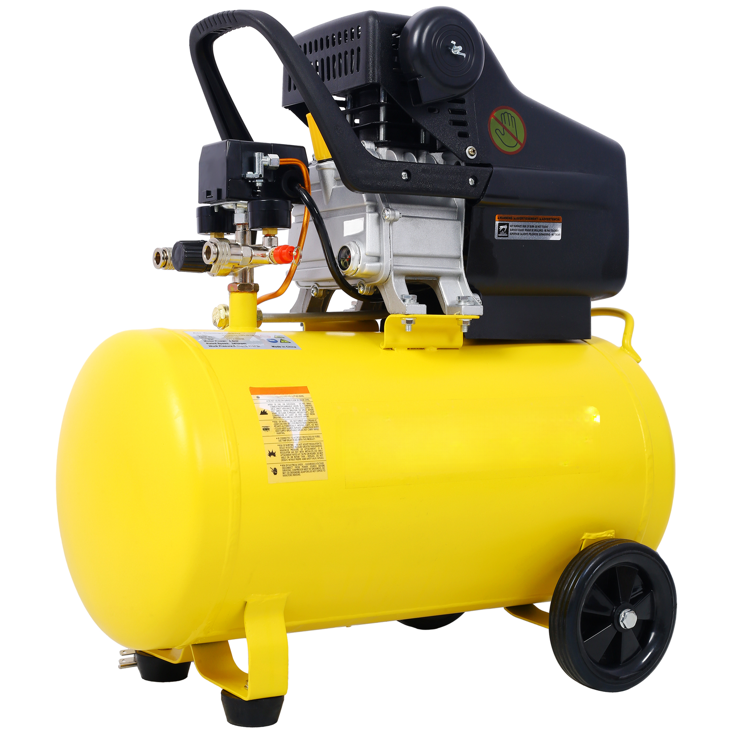 Bright yellow portable air compressor with a black handle and silver motor ideal for DIY projects