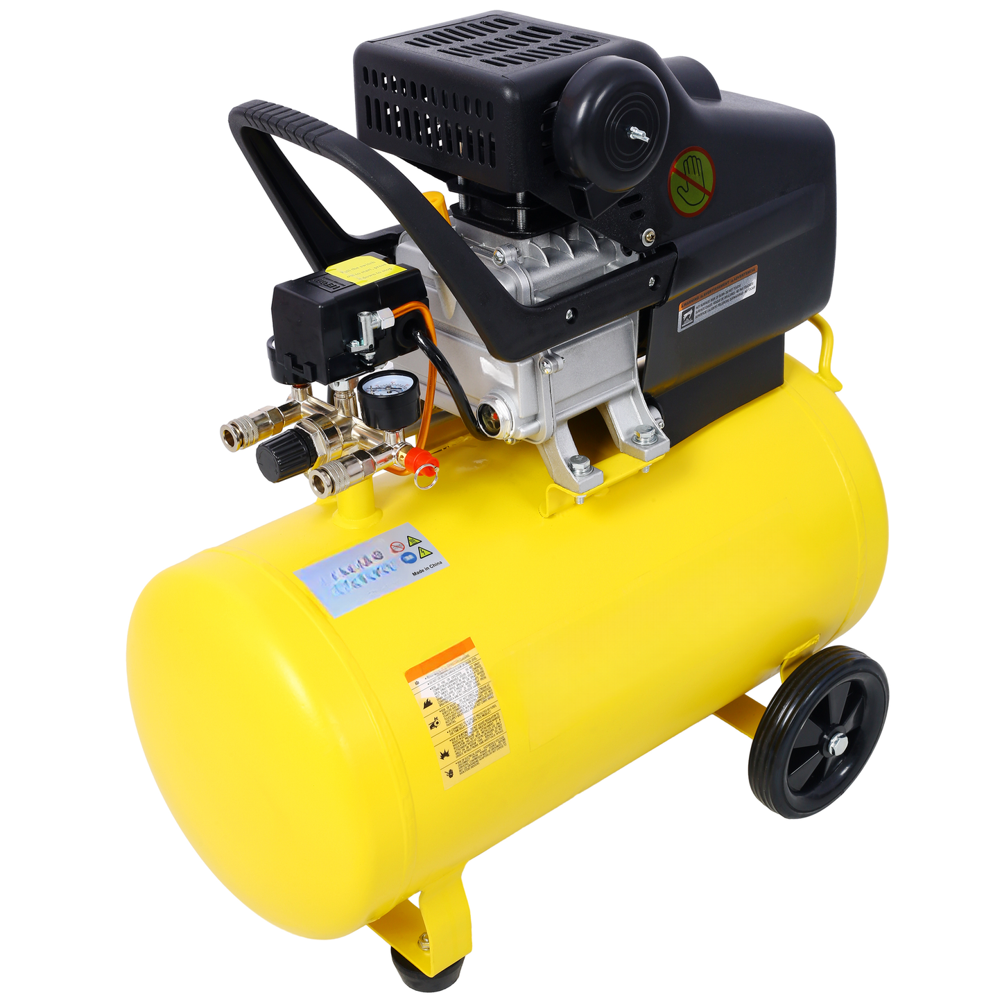 Yellow portable air compressor with black handle and wheels ideal for home workshops