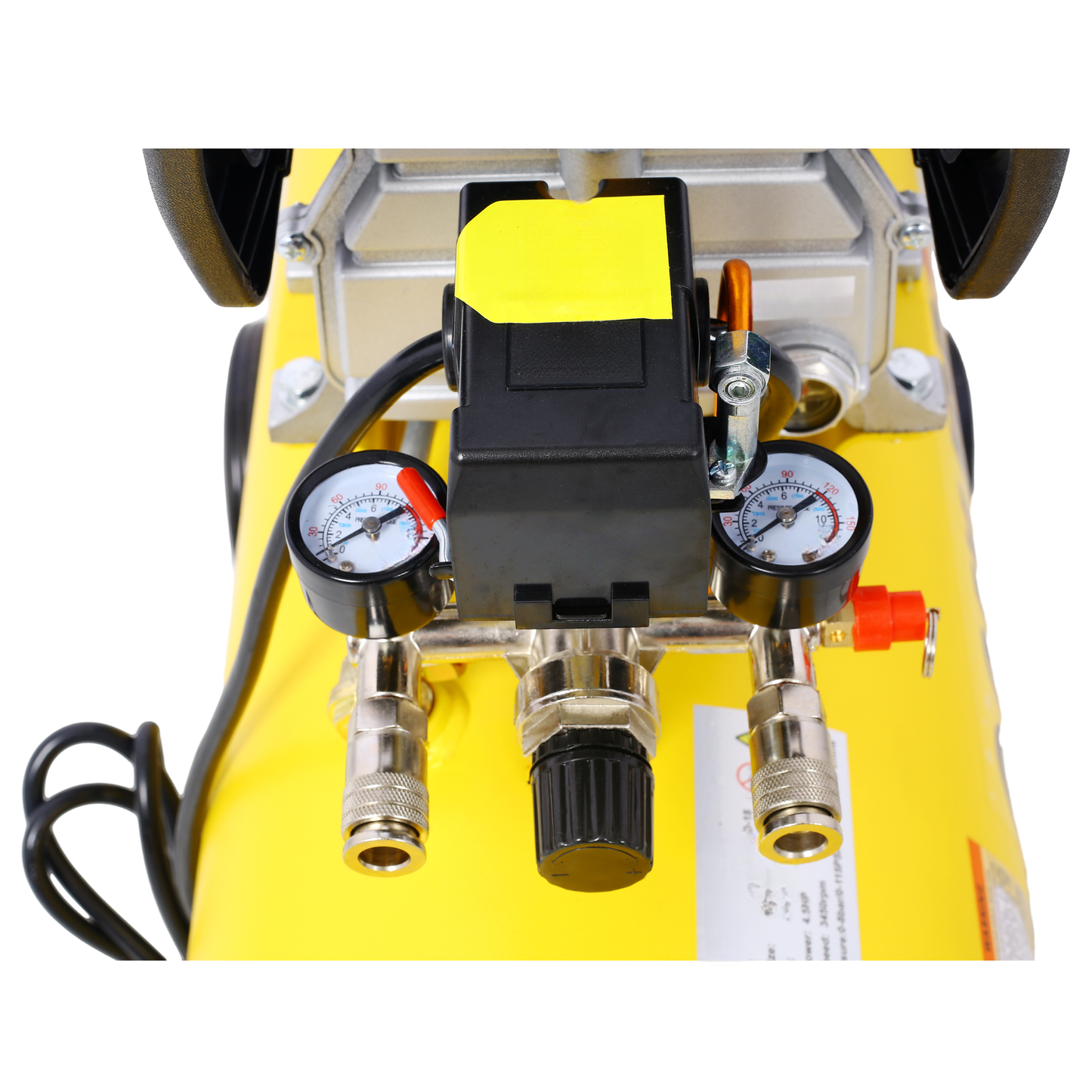Yellow portable air compressor with dual pressure gauges and quick connect fittings