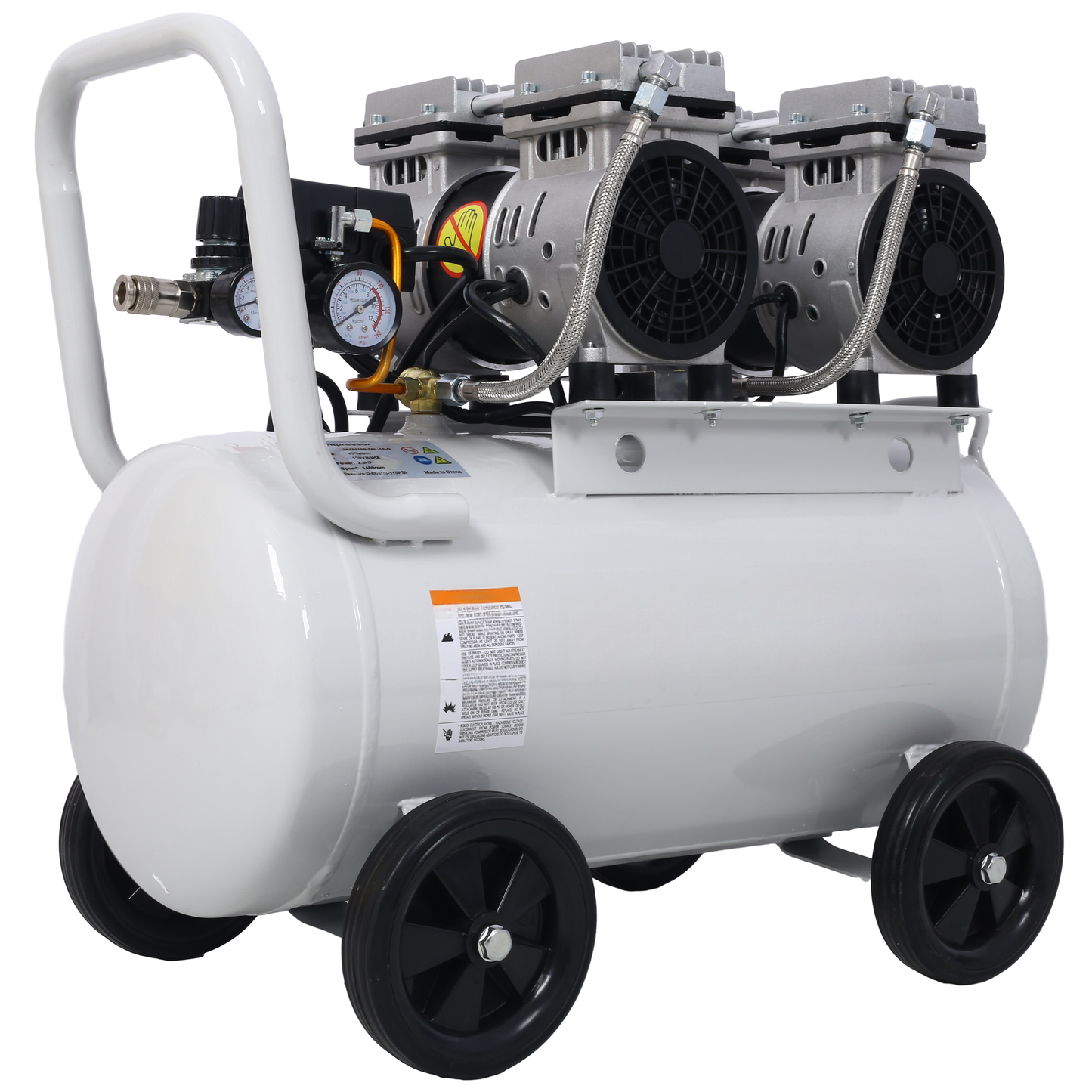 Portable white dualpiston air compressor with wheels and pressure gauges