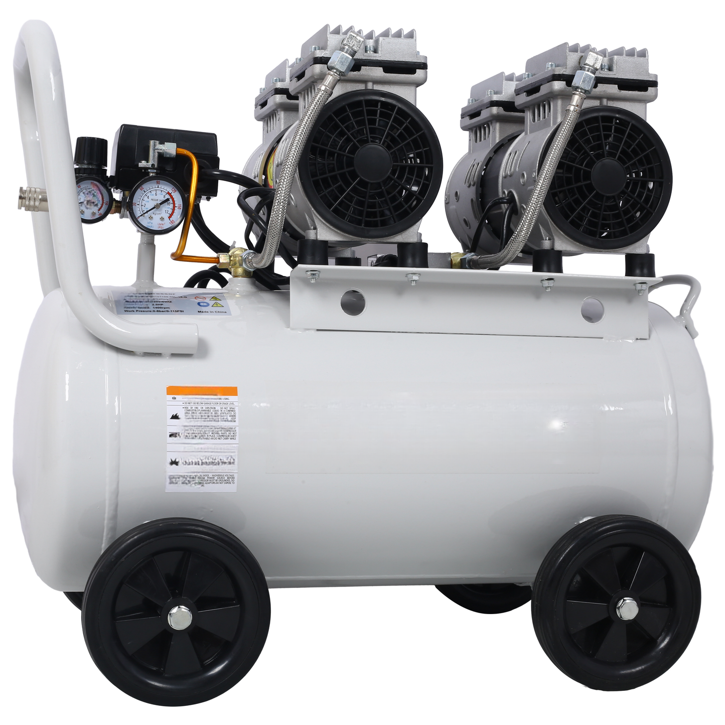 White twincylinder silent air compressor with pressure gauges and wheels