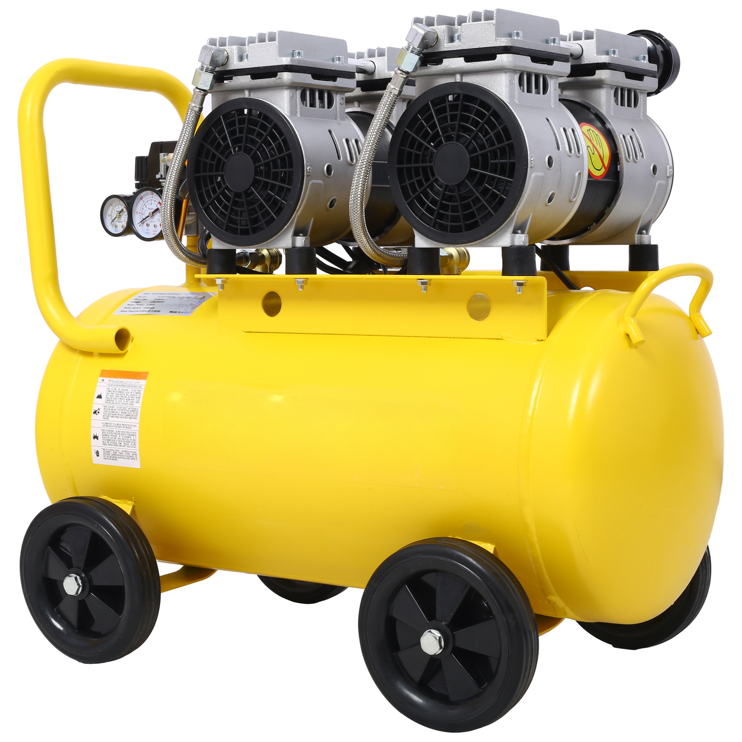 Yellow dualcylinder air compressor with two gauges and black wheels