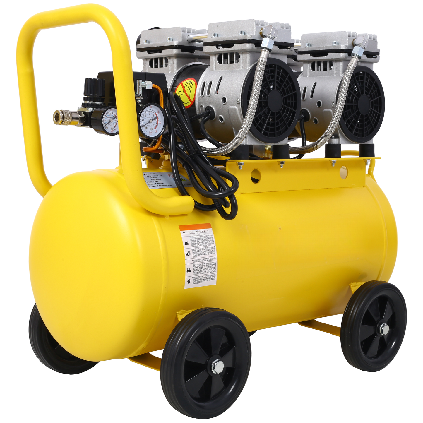 Yellow portable air compressor with twin silver motors and dual pressure gauges for workshop use