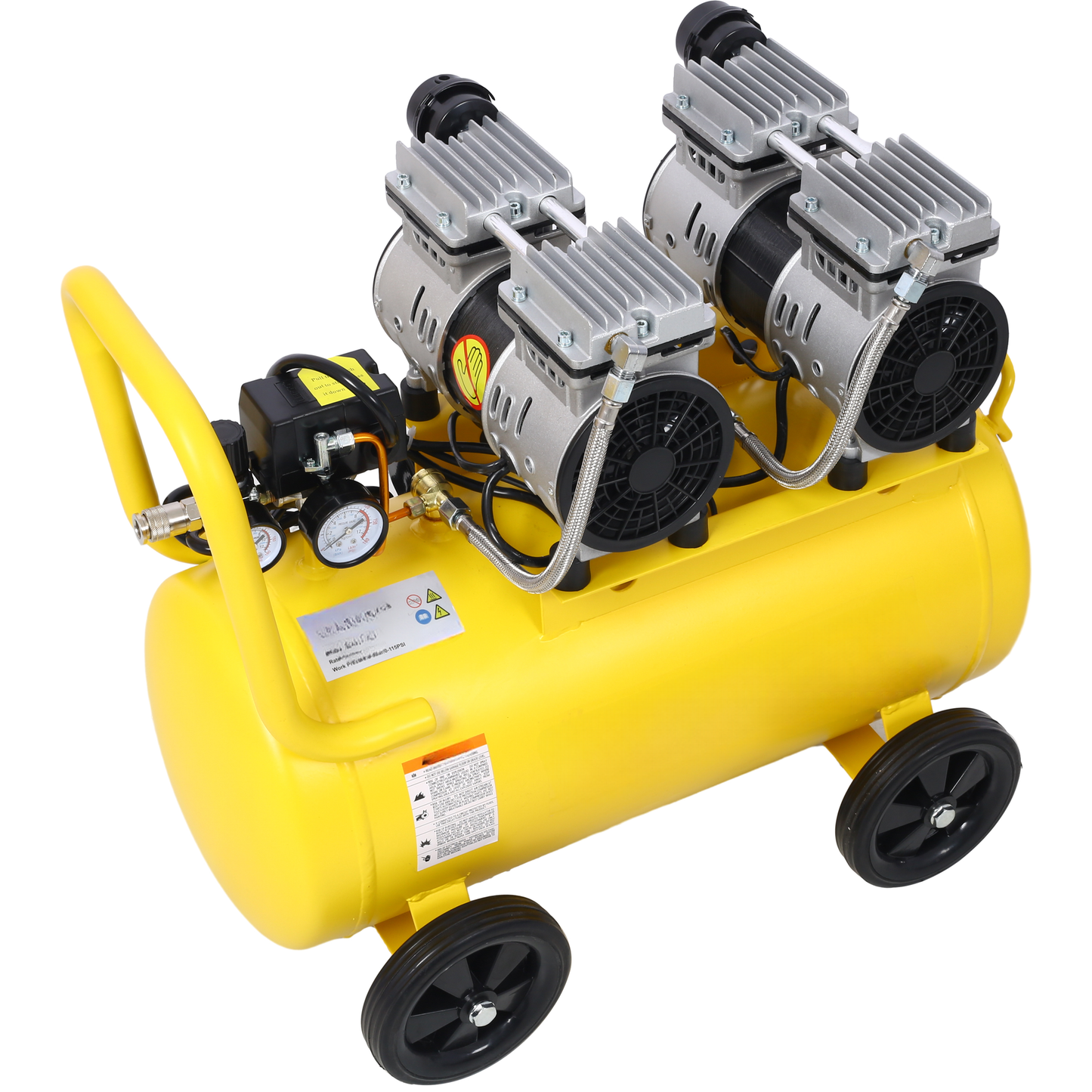 Yellow portable air compressor with dual silver metal pumps and pressure gauges