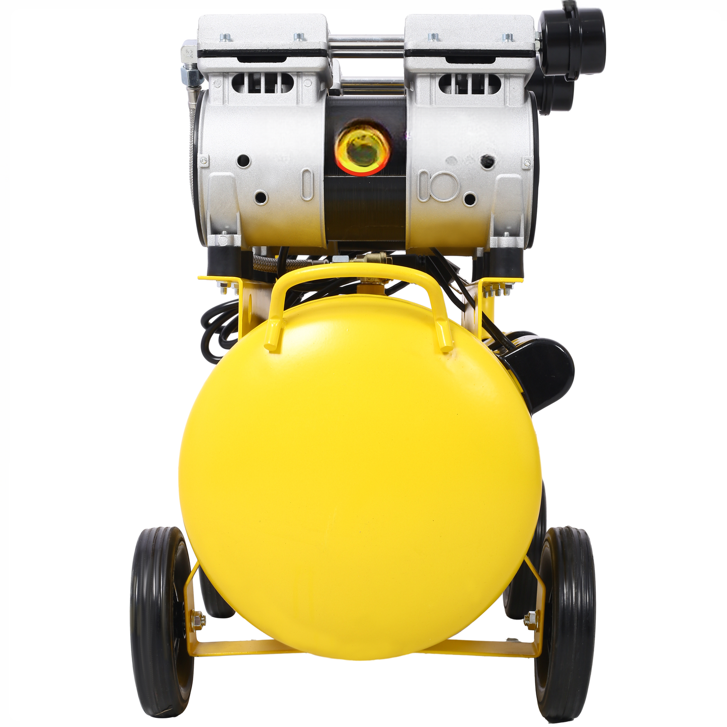 Yellow portable air compressor with a metal body and large wheels