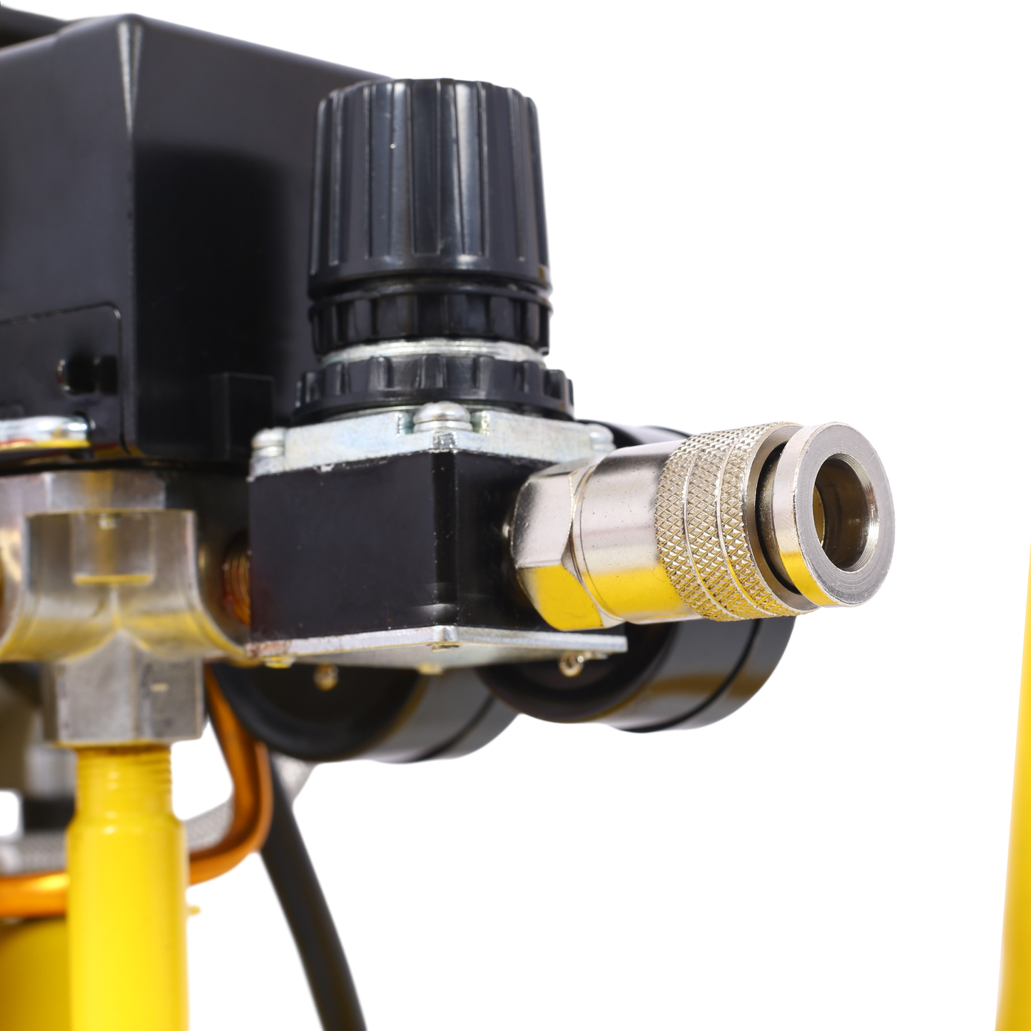 Black regulator knob on yellow air compressor gauge connection