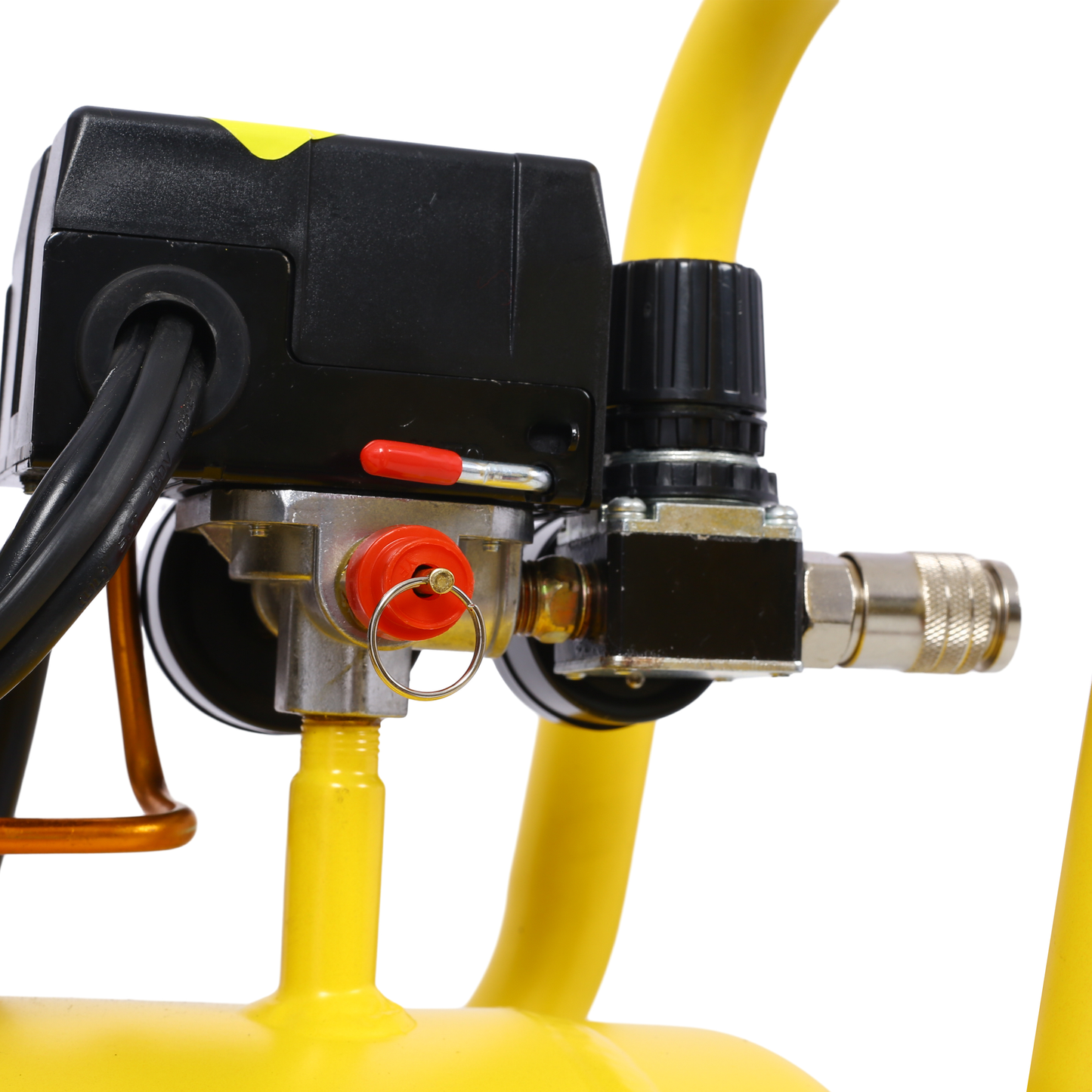 Closeup of a yellow air compressor regulator with pressure gauge and quickconnect fitting