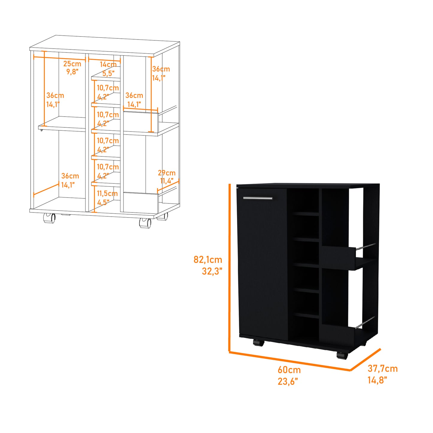Black rolling kitchen cart with open shelves and one cabinet door