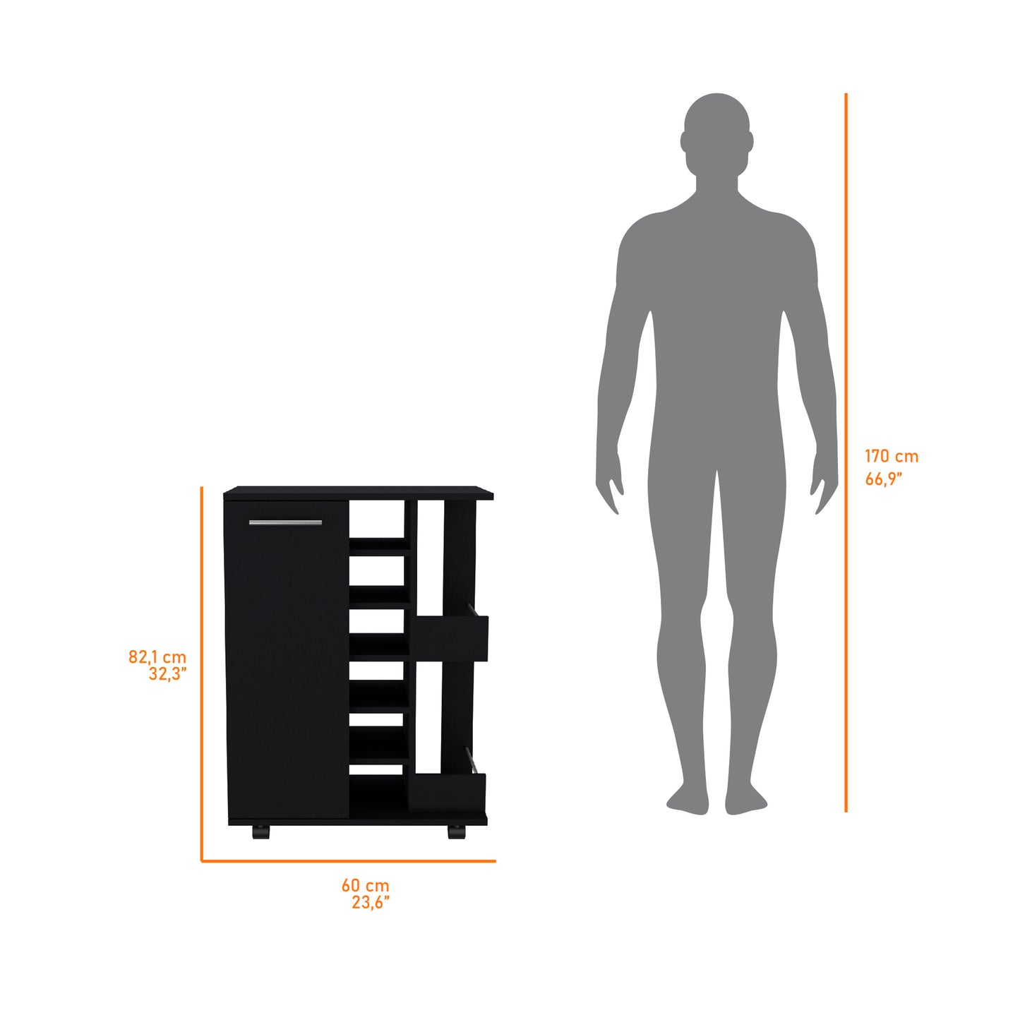 Black modern shoe cabinet with open shelving