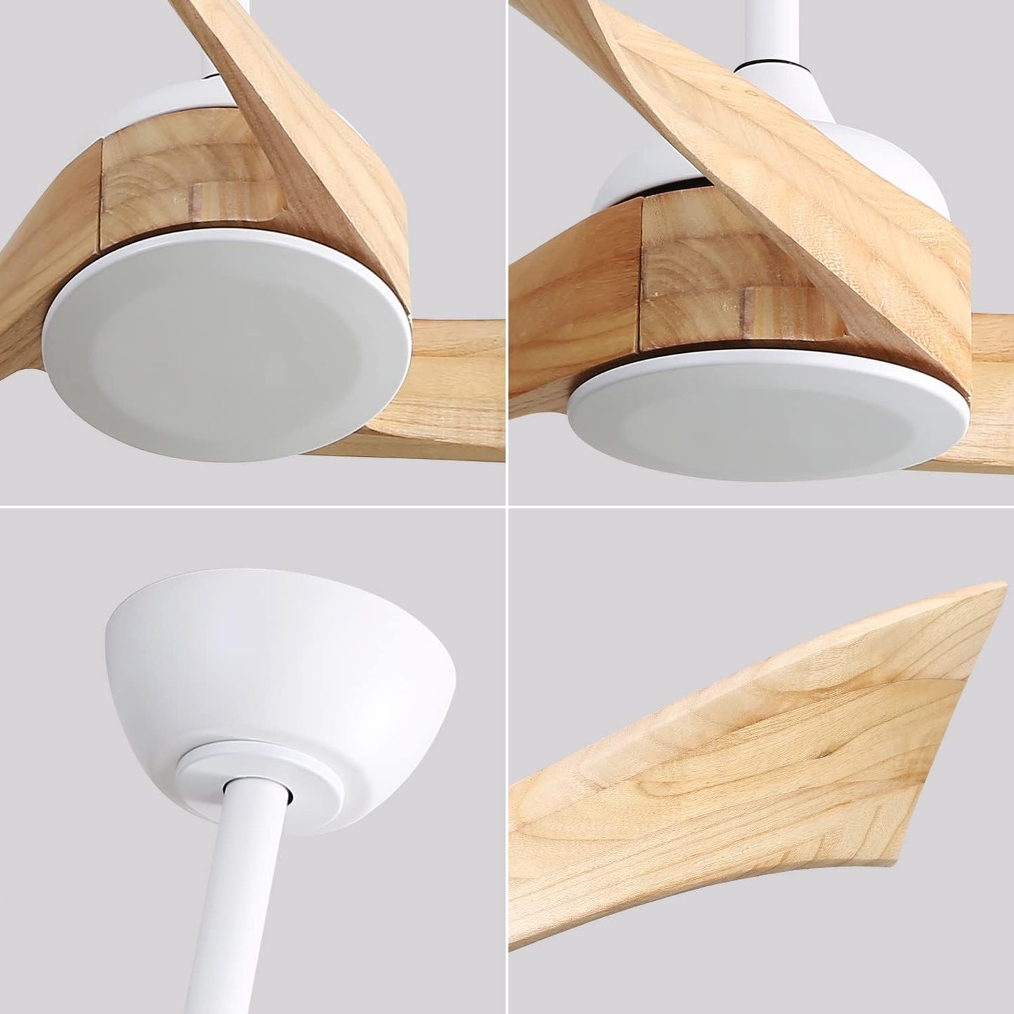 Modern white ceiling fan with natural wood blades and integrated light fixture