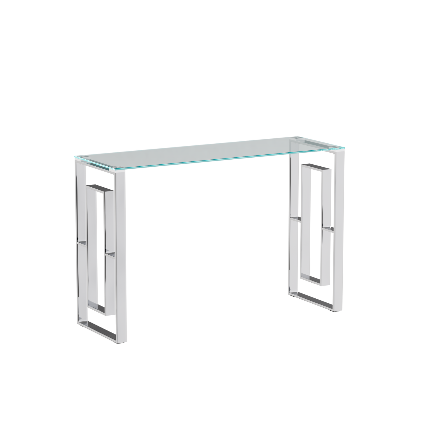 Sleek glass console table with geometric chrome legs perfect for modern entryways