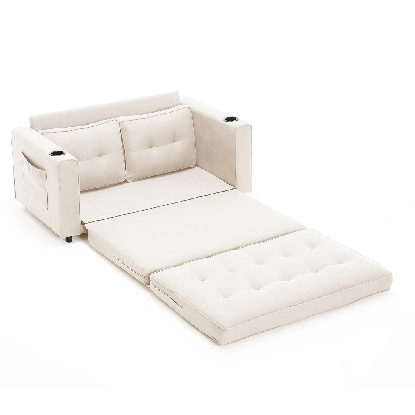 Cream linen convertible sofa bed with tufted cushions cup holder and side pocket