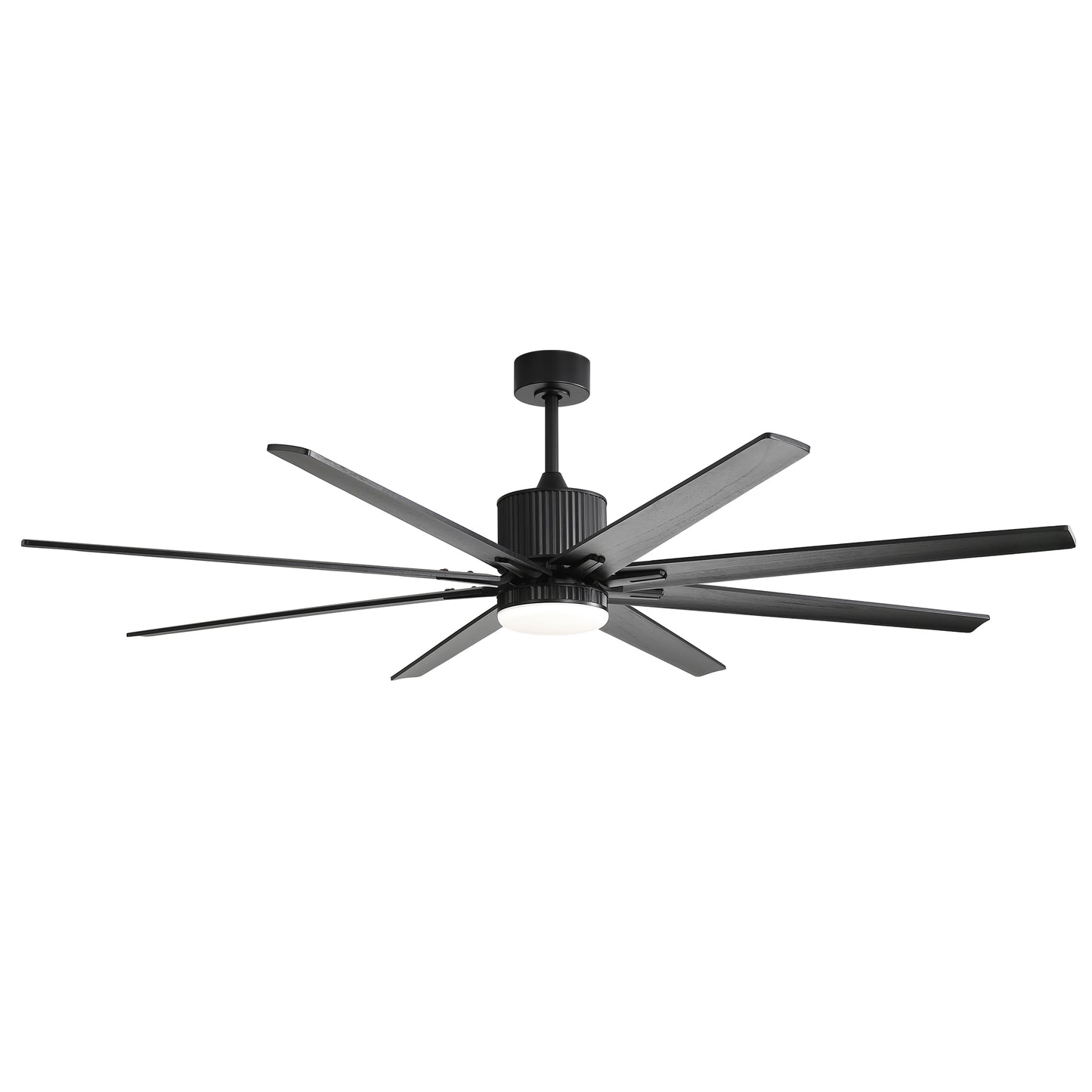 Modern black ceiling fan with eight wide dark wood blades and integrated LED light