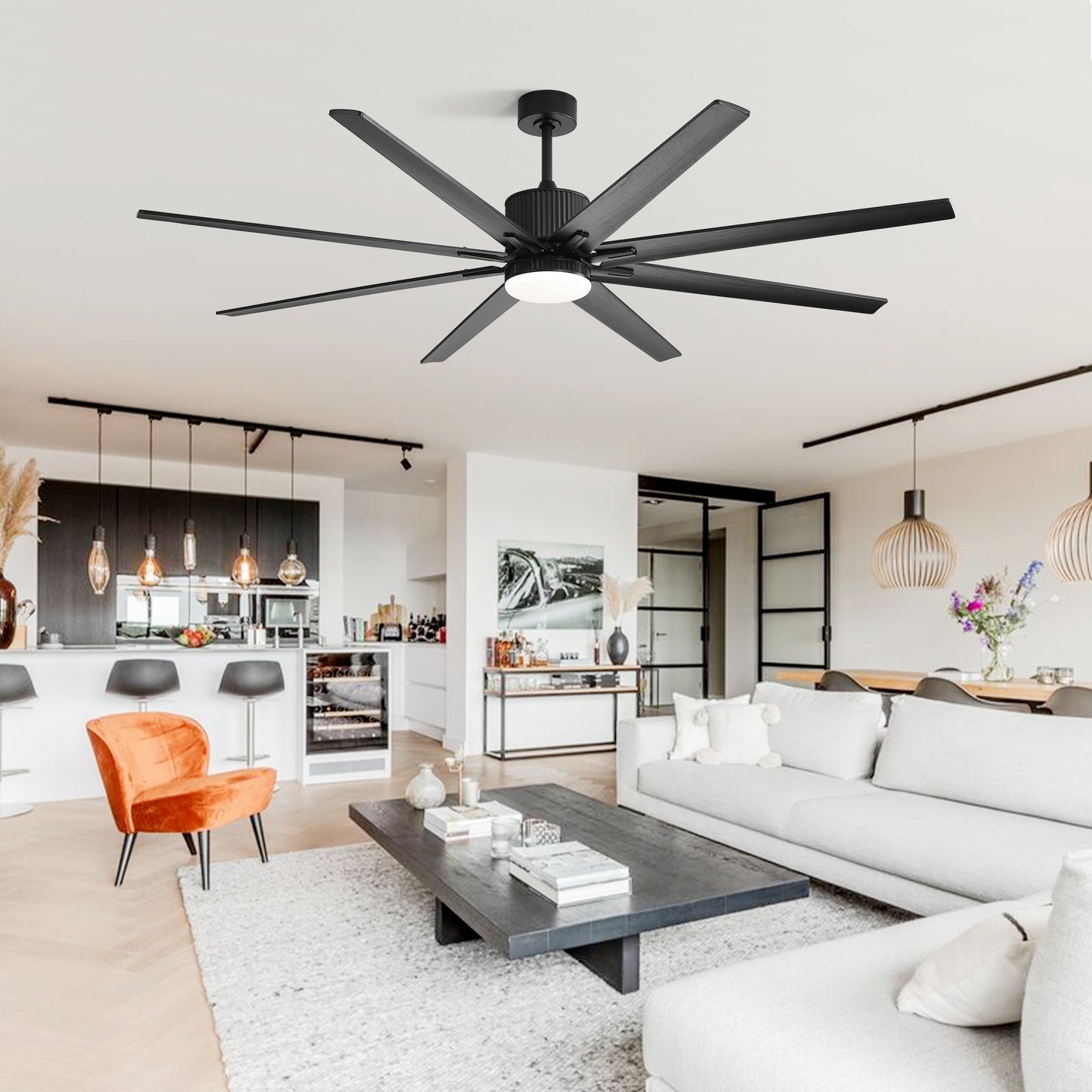 Modern black blade ceiling fan with integrated LED light perfect for living rooms