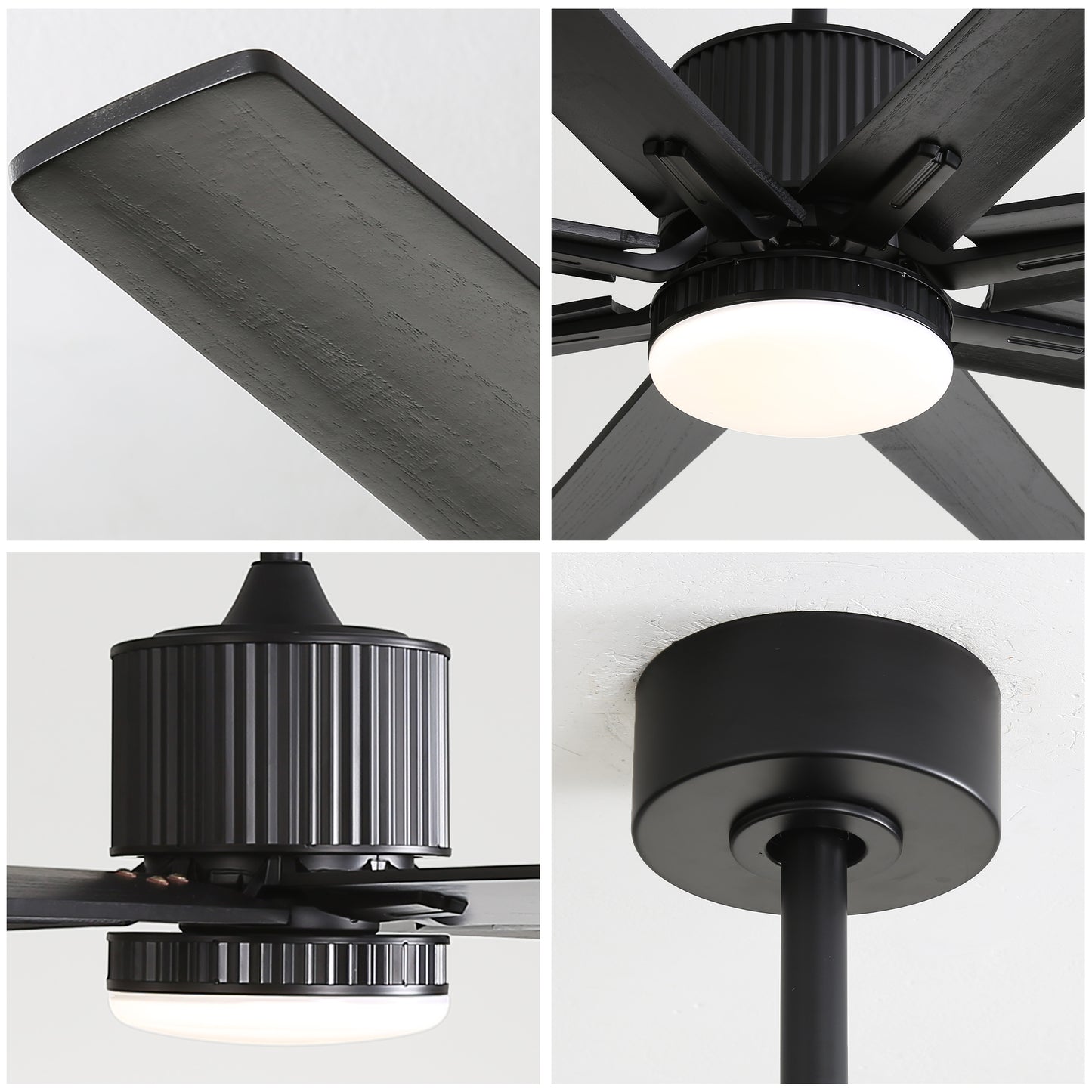 Black modern ceiling fan with a frosted light fixture and dark wood blades