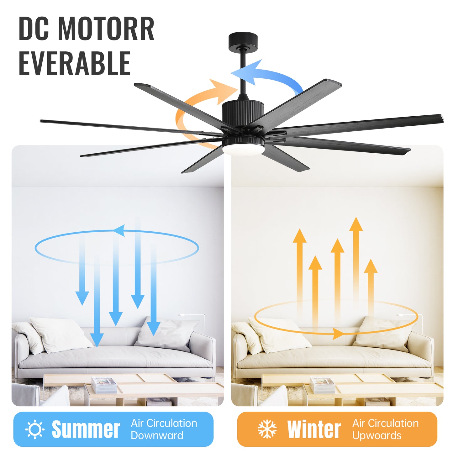 Modern black DC motor ceiling fan with blades offering reversible airflow for summer and winter