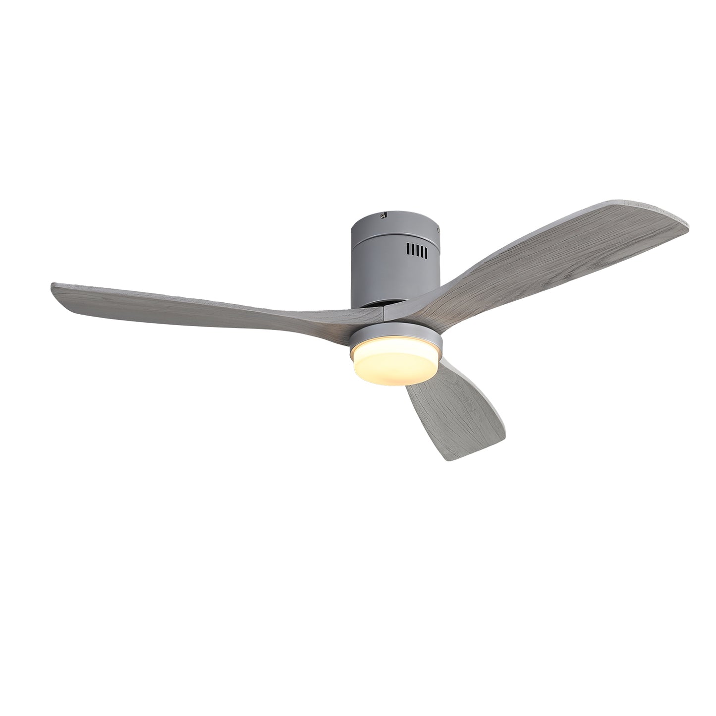Modern grey ceiling fan with three distressed woodlook blades and integrated LED light