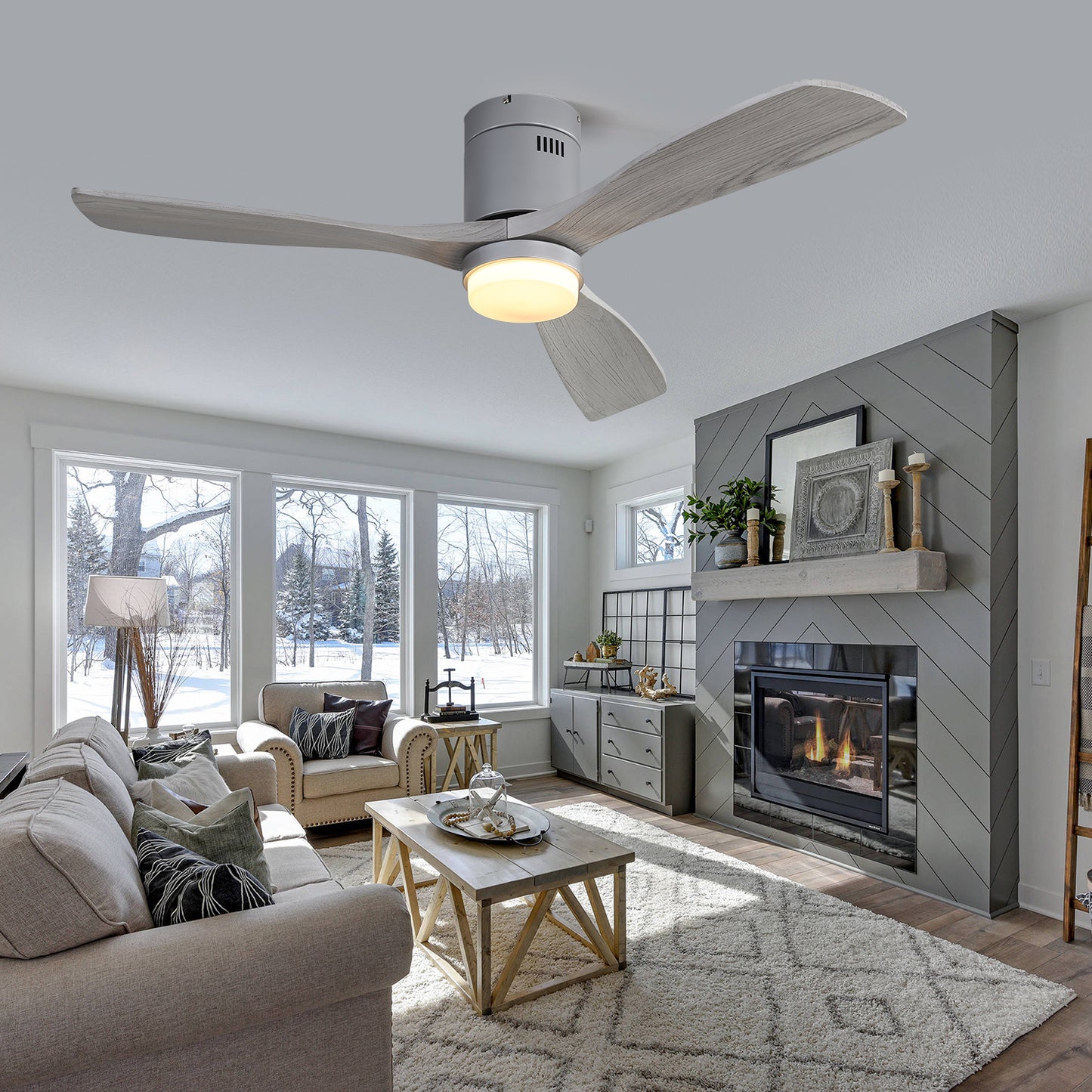 Modern gray ceiling fan with weathered wood finish blades and integrated LED light