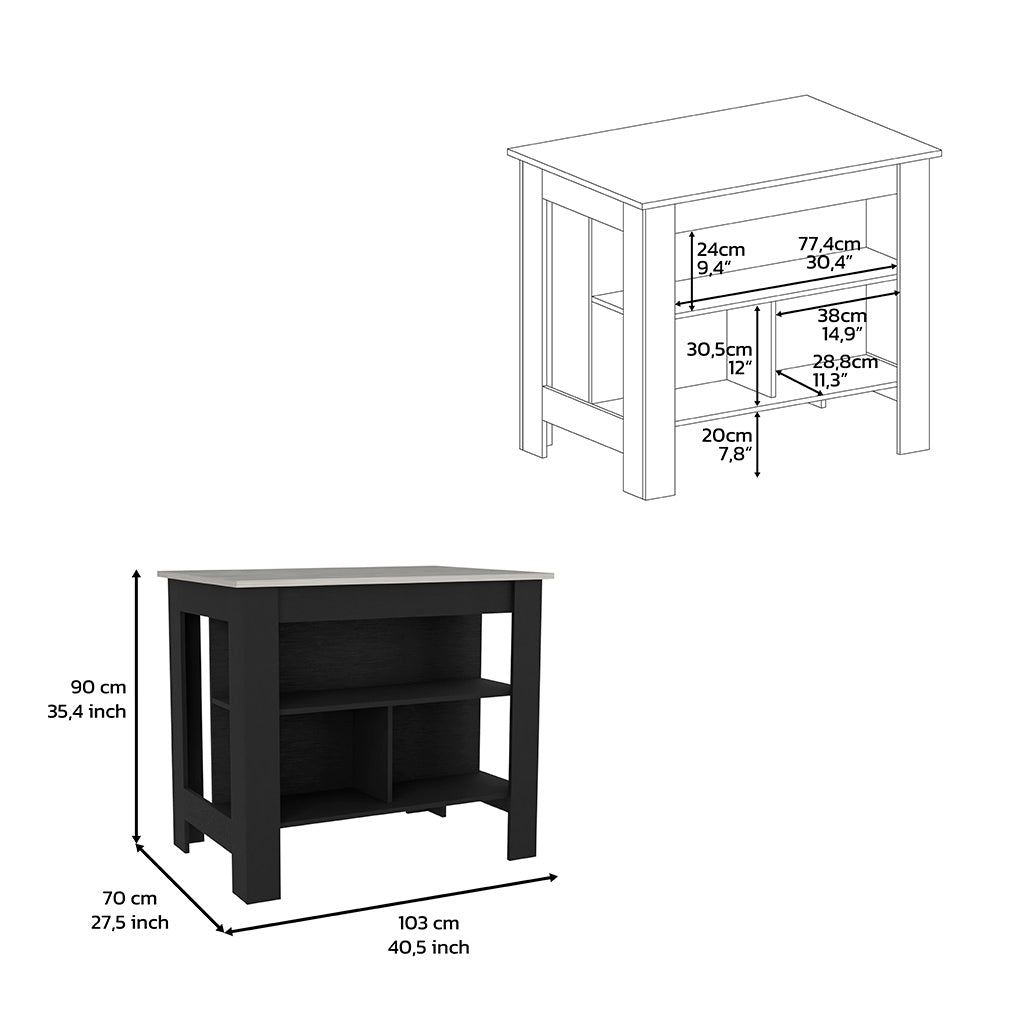 Black kitchen island with open shelving and silver top