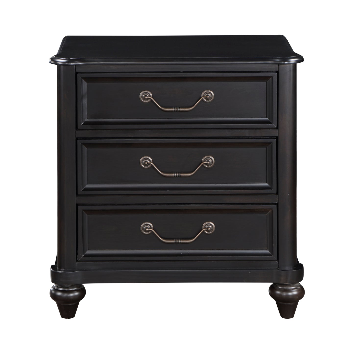 Elegant black wood nightstand with three drawers and antique brass pulls