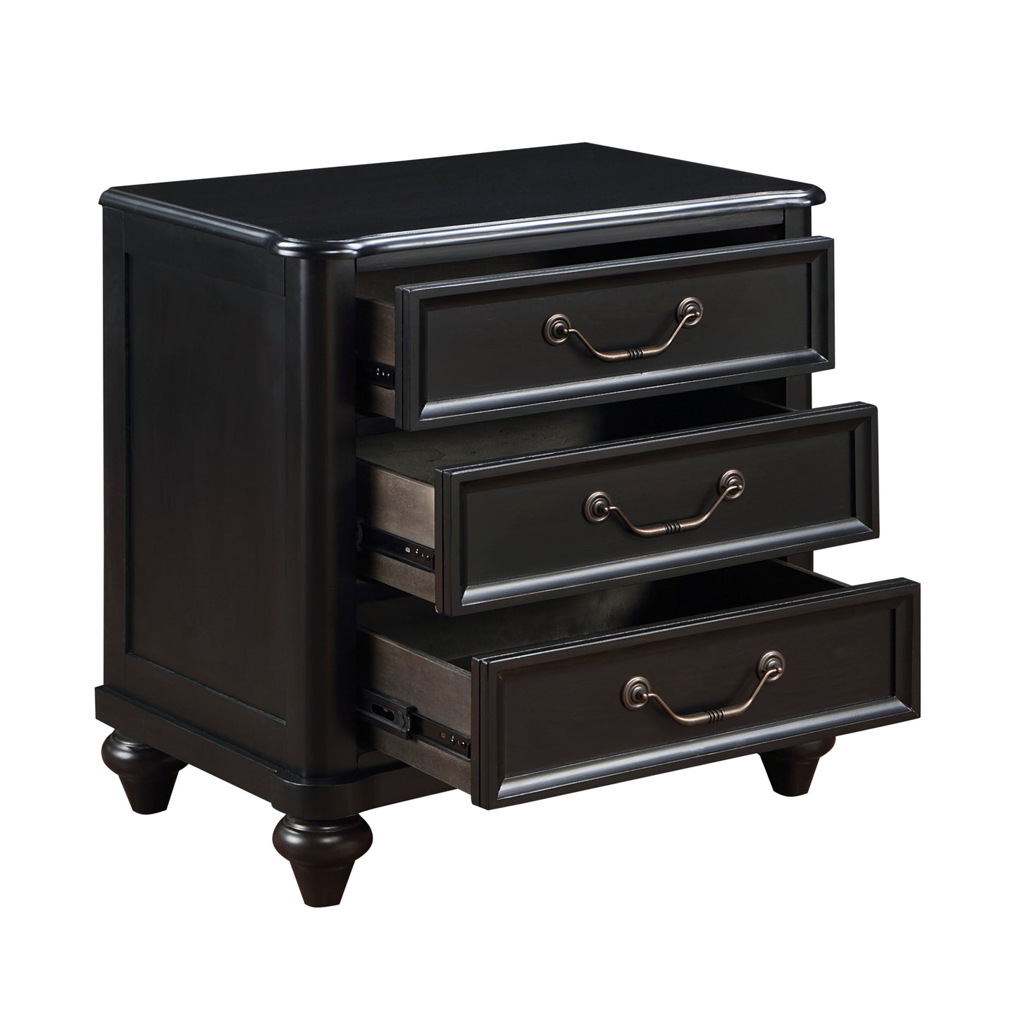 Dark wood bedside table with three drawers and antique bronze pulls