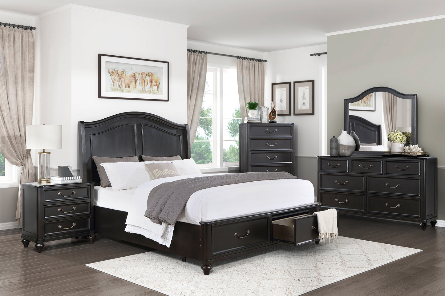 Dark wood king bed with storage drawers white bedding and a grey quilted throw