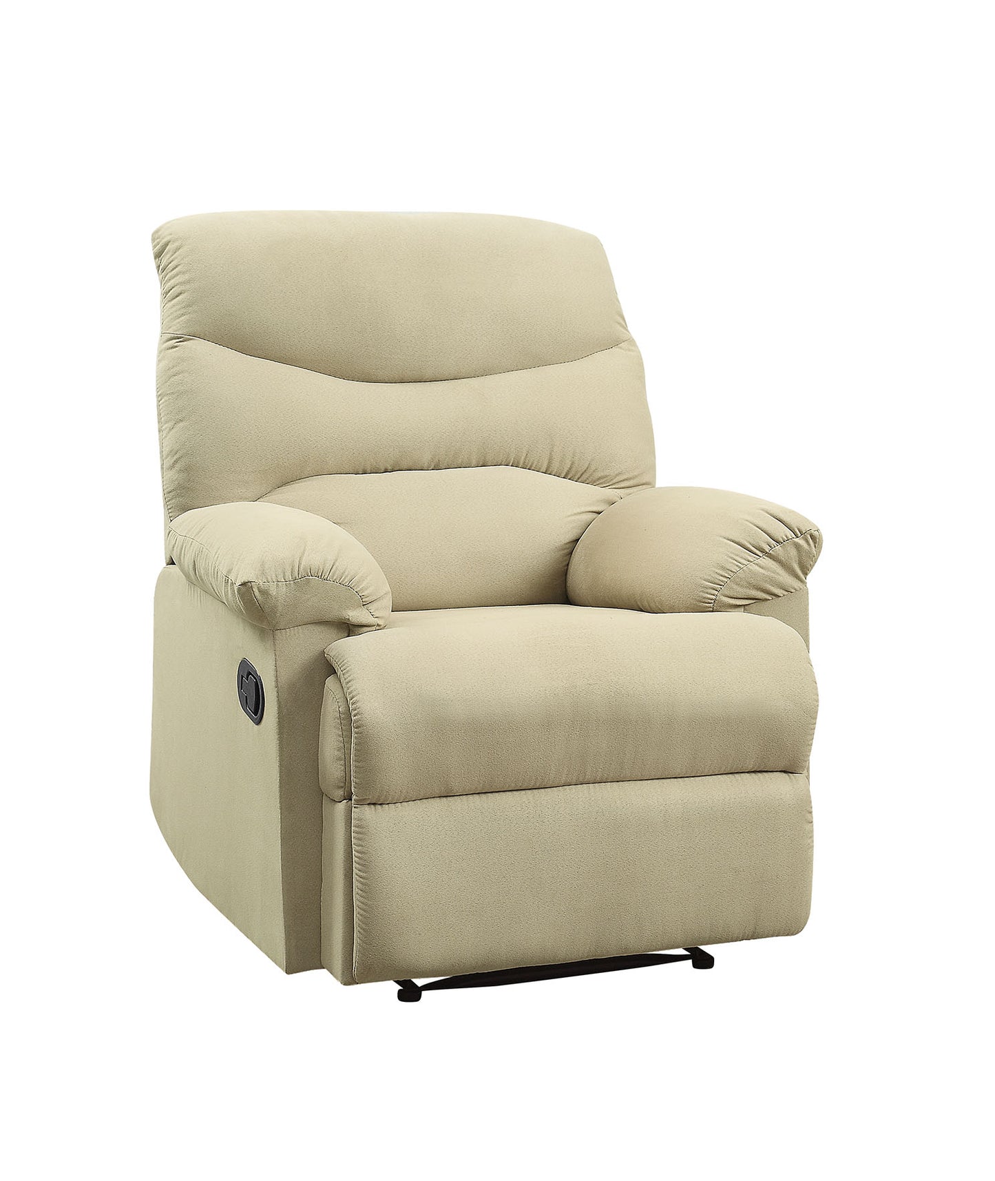 Comfortable tan recliner chair with padded armrests and a lever for easy reclining