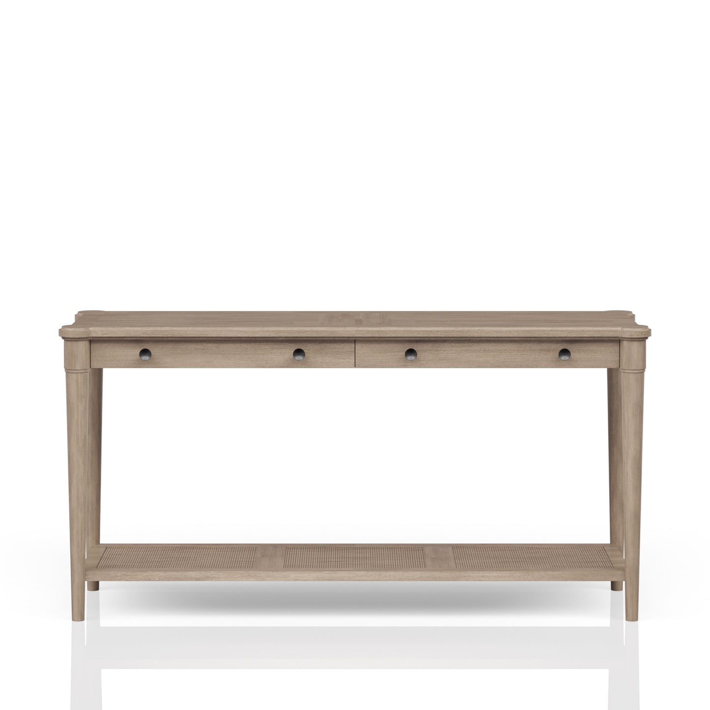 Light oak wood console table with two drawers and cane shelf