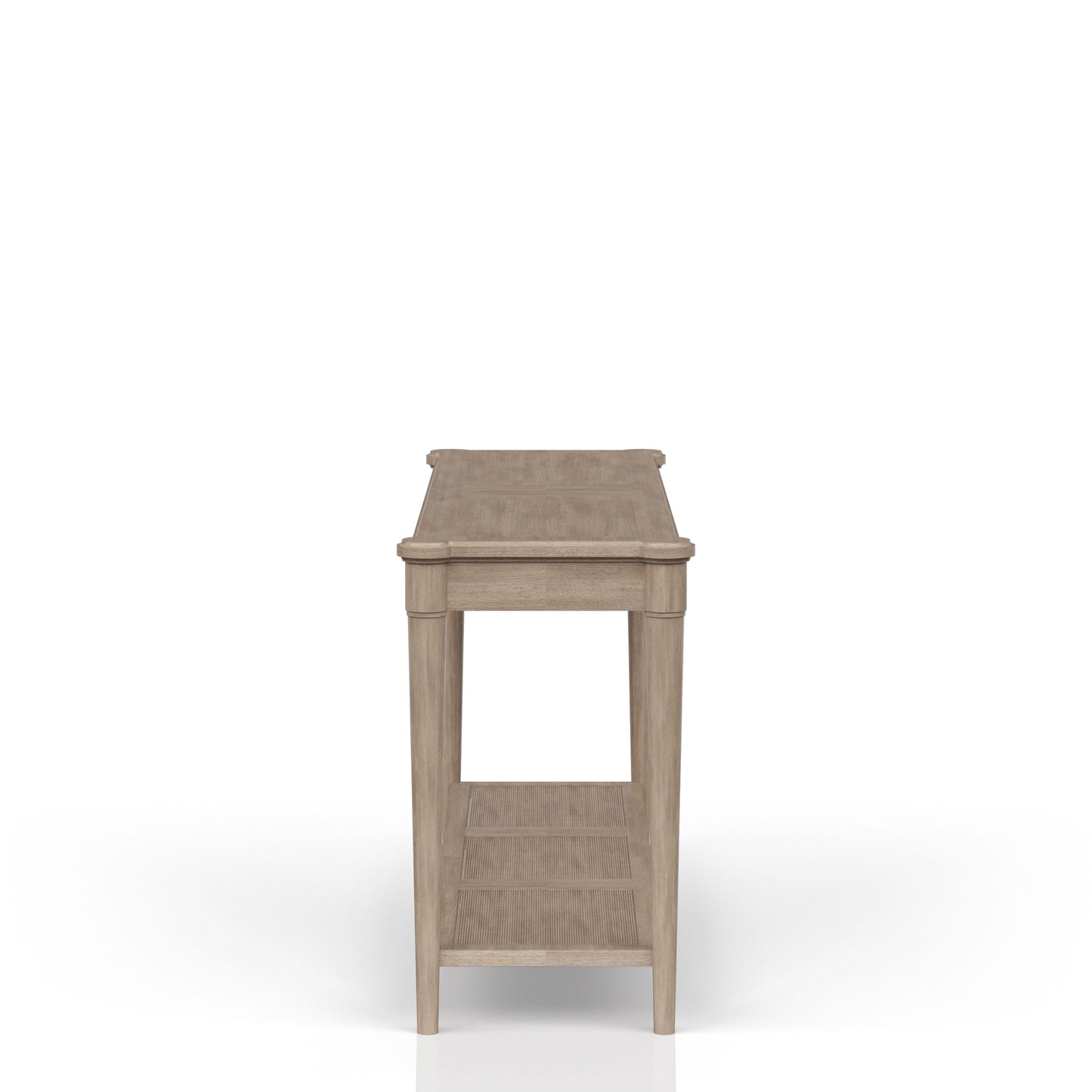 Light oak entryway table with two woven shelves perfect for modern homes