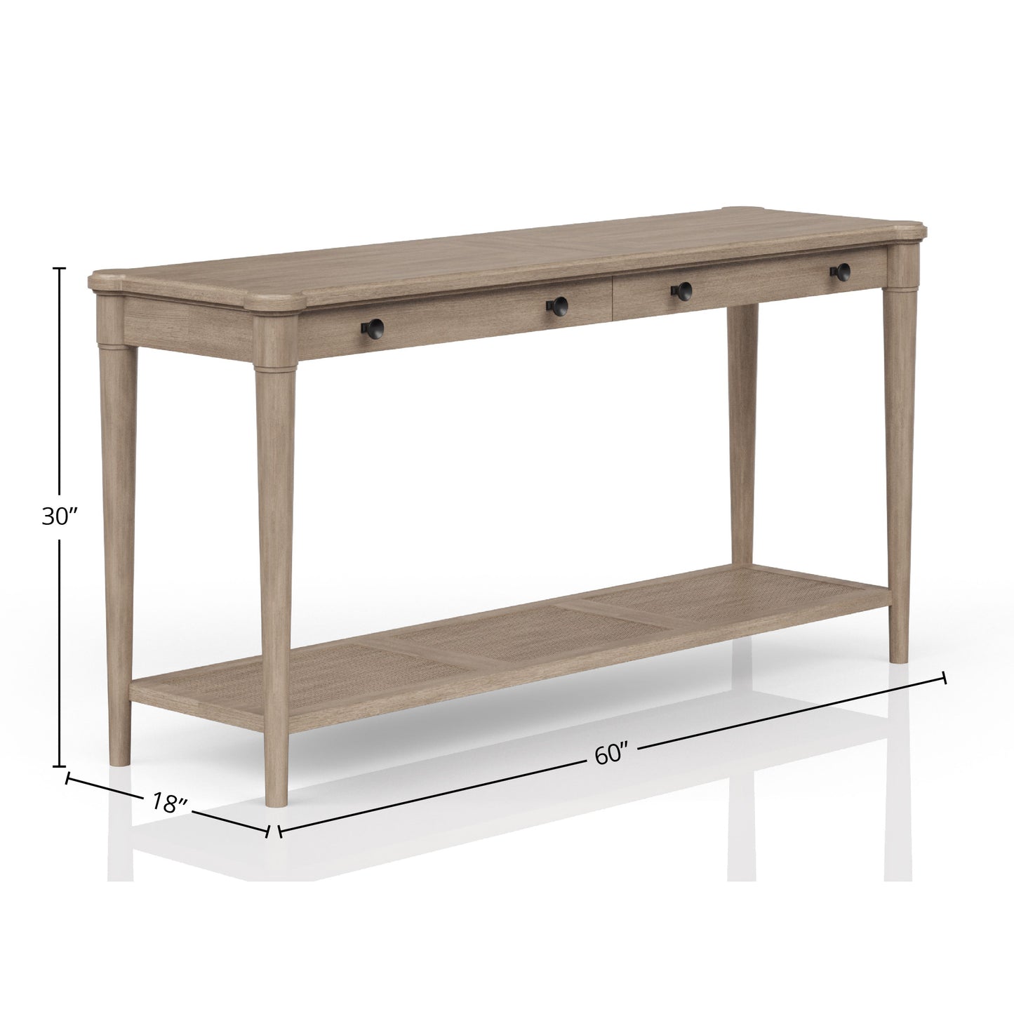 Light oak console table with three drawers and cane shelf detail