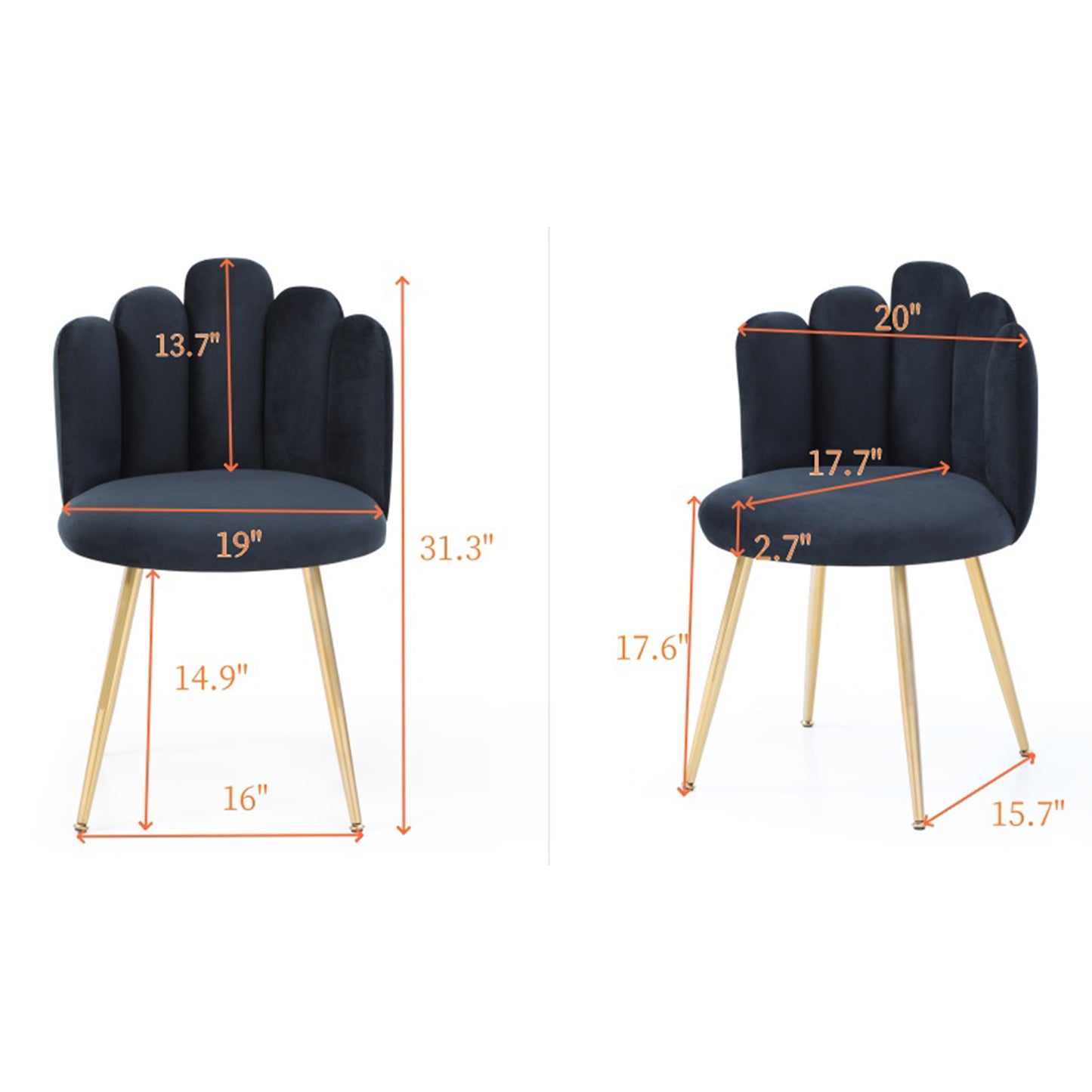 Navy blue velvet accent chair with scalloped back and gold legs H