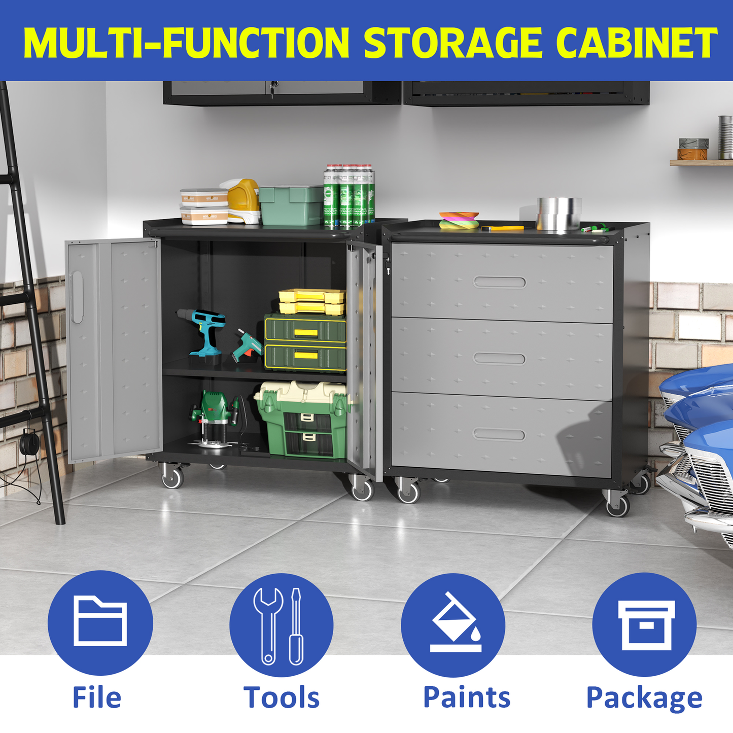 Dark gray multifunction storage cabinet with open door containing tools and containers