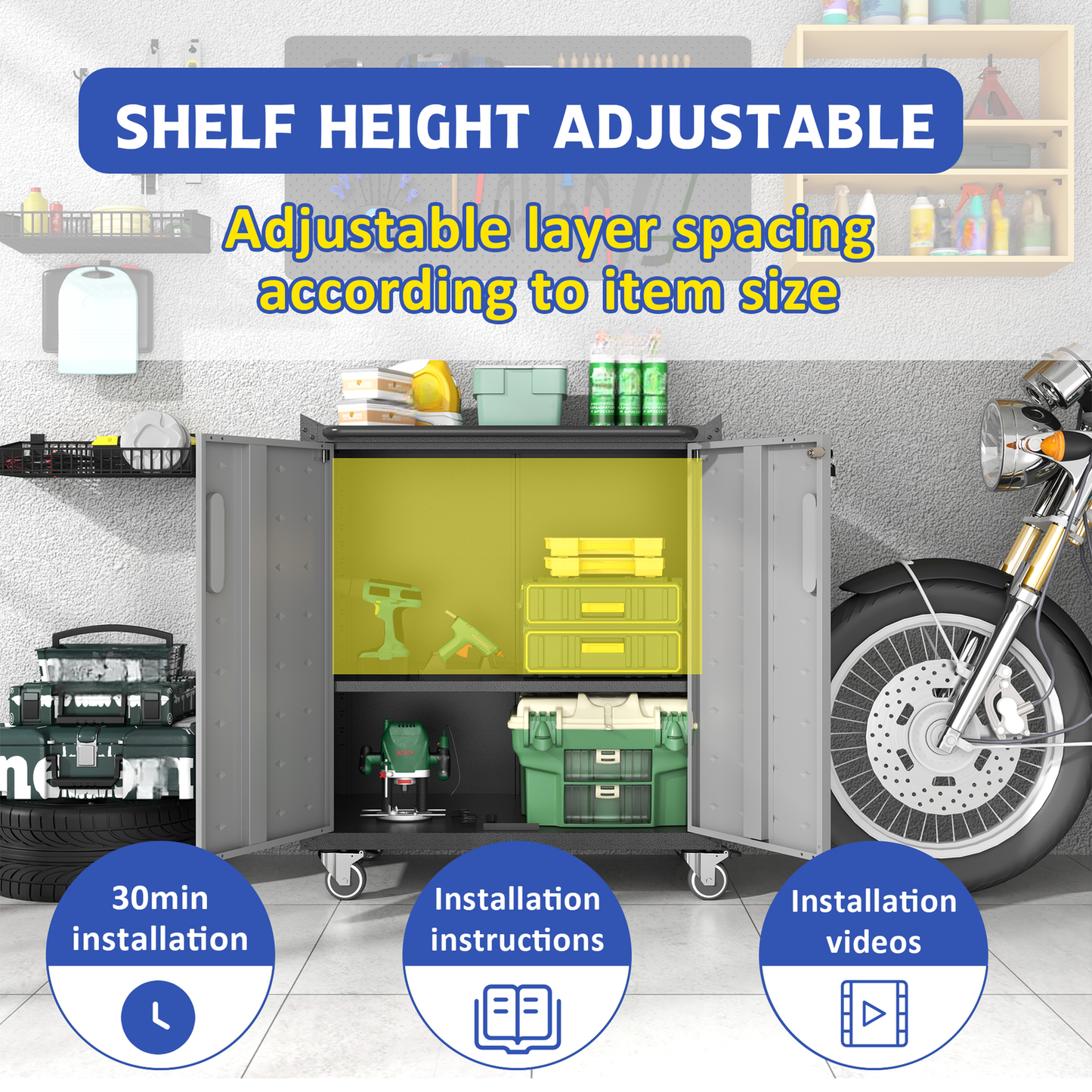 Gray wheeled storage cabinet with adjustable shelves holding tools and containers