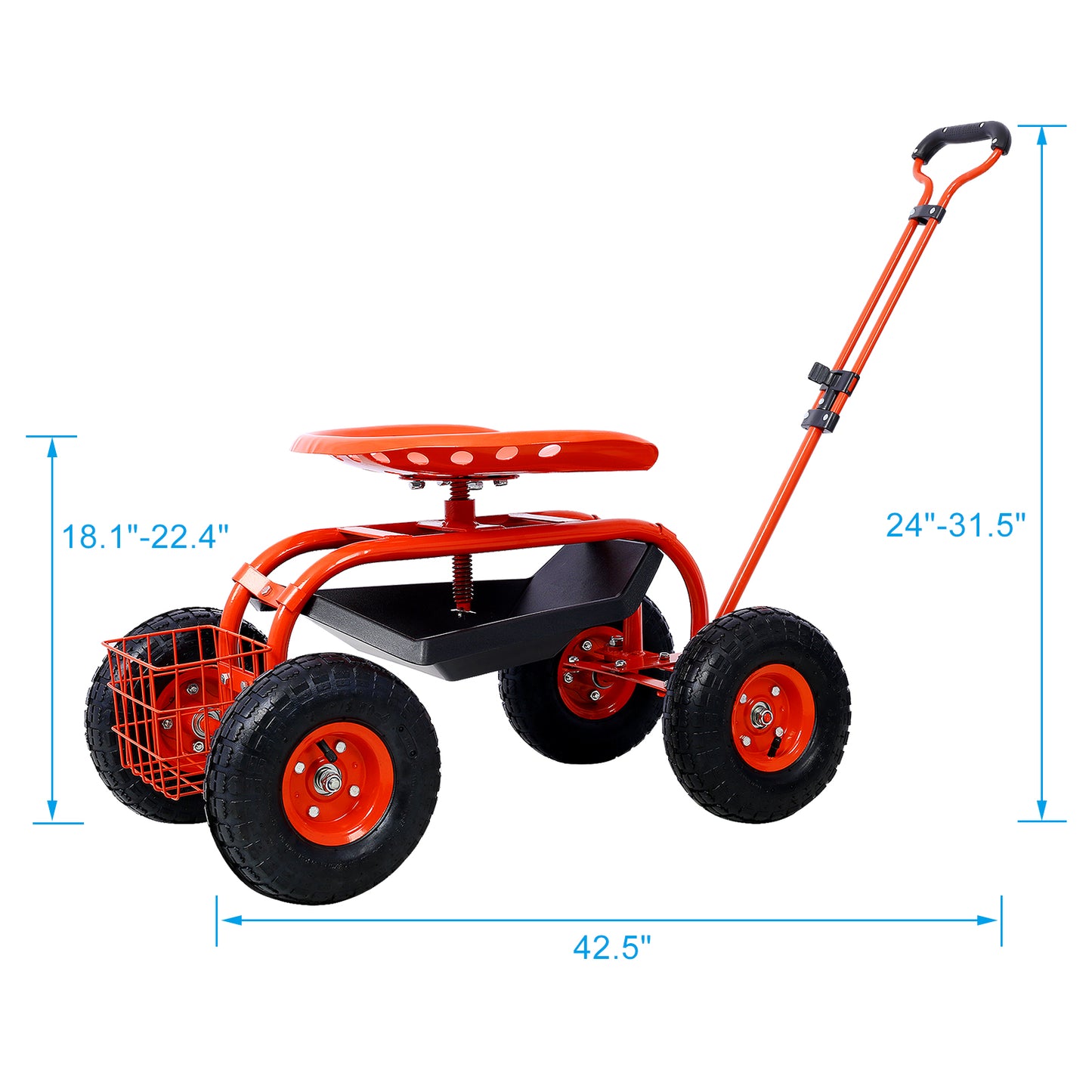 Red rolling garden cart with a swiveling seat and storage basket for gardening tasks