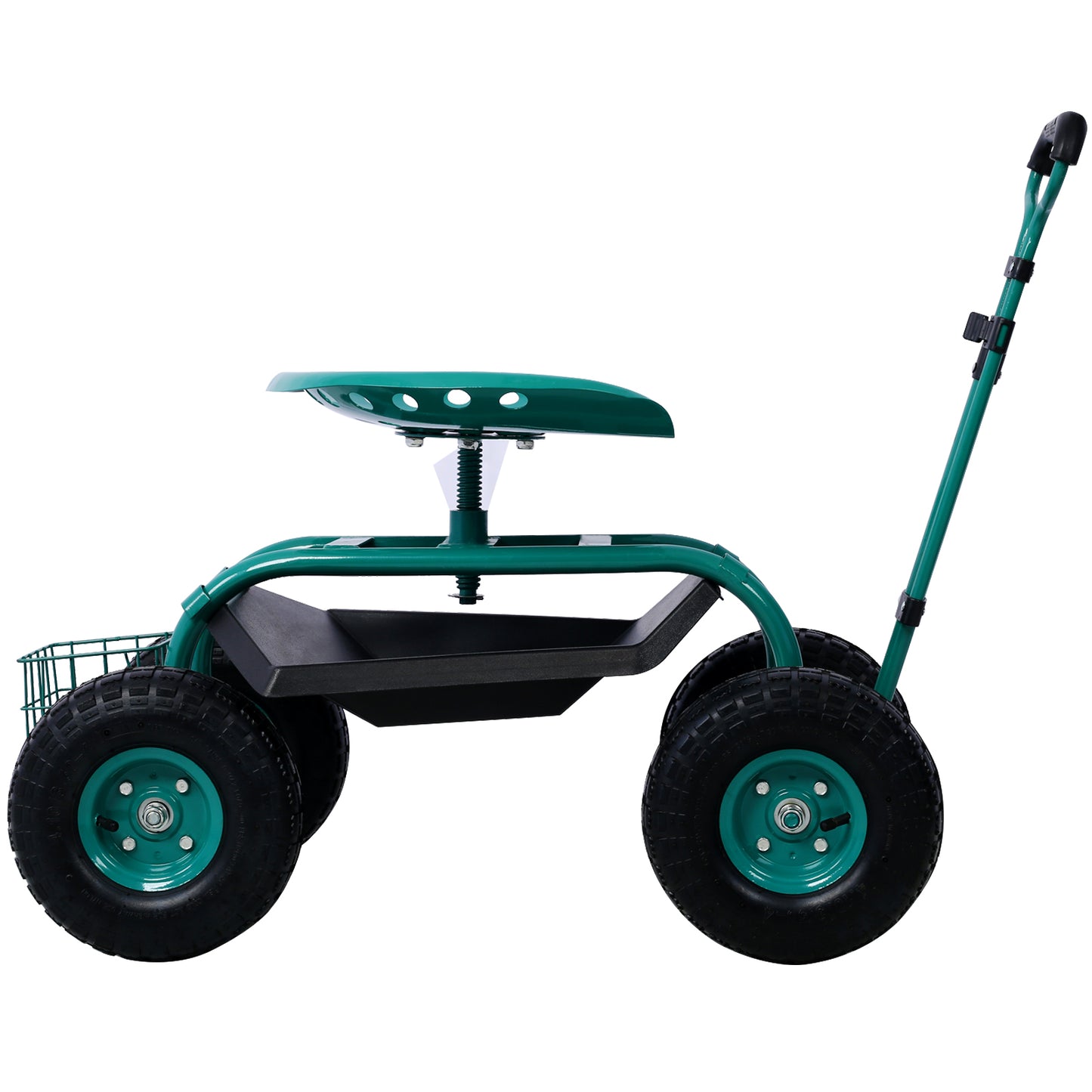 Green rolling garden cart with adjustable seat storage tray and wire basket for tools