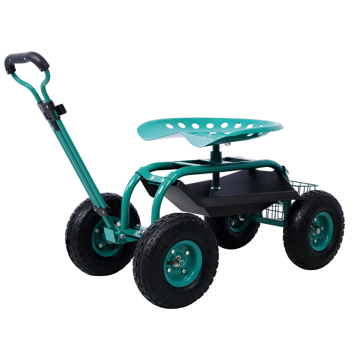 Green metal rolling garden cart with adjustable seat and storage tray