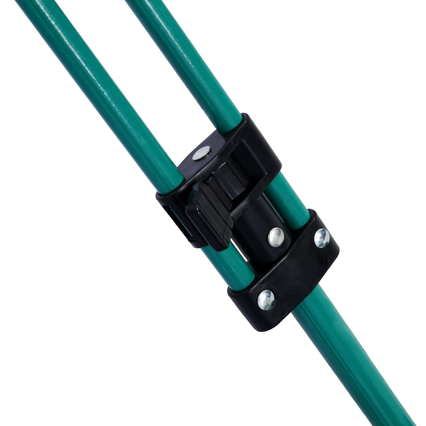 Green metal pole with black plastic clamp and rivets a component for a portable canopy