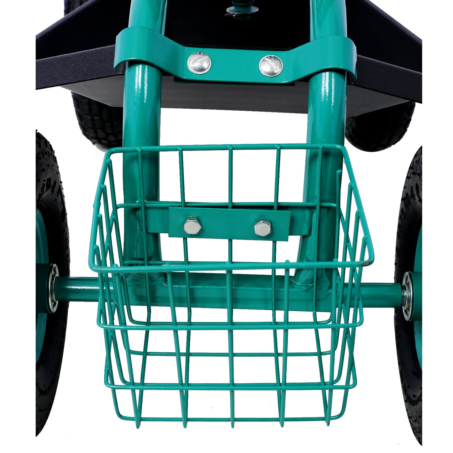 Teal garden utility cart with wire basket attachment for gardening tools