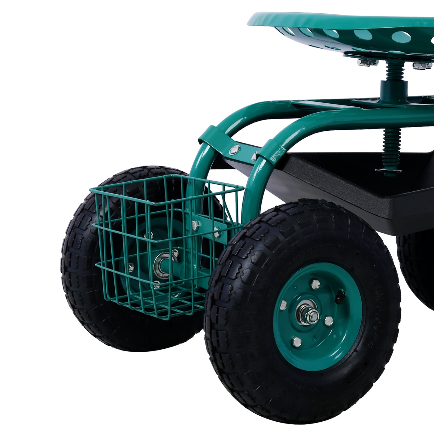 Green garden cart with large tires and storage basket for tools