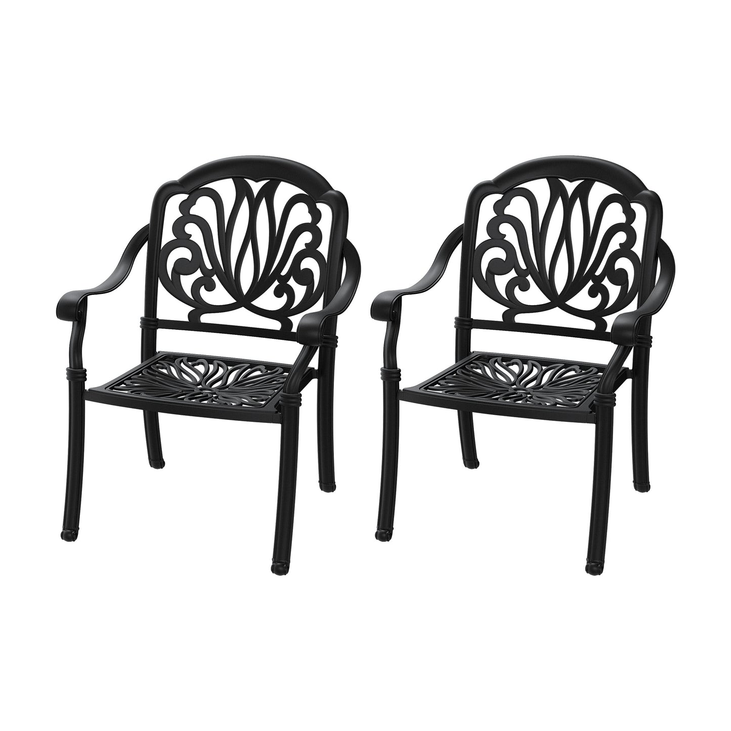 Pair of ornate black cast aluminum patio chairs with scrolling leaf back design