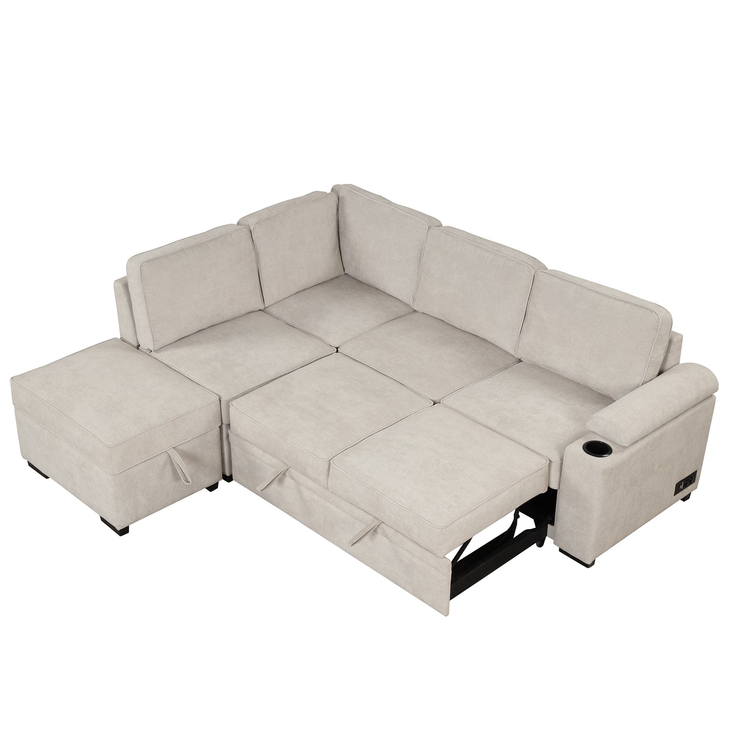 Light beige sectional sofa with pullout bed and storage chaise lounge